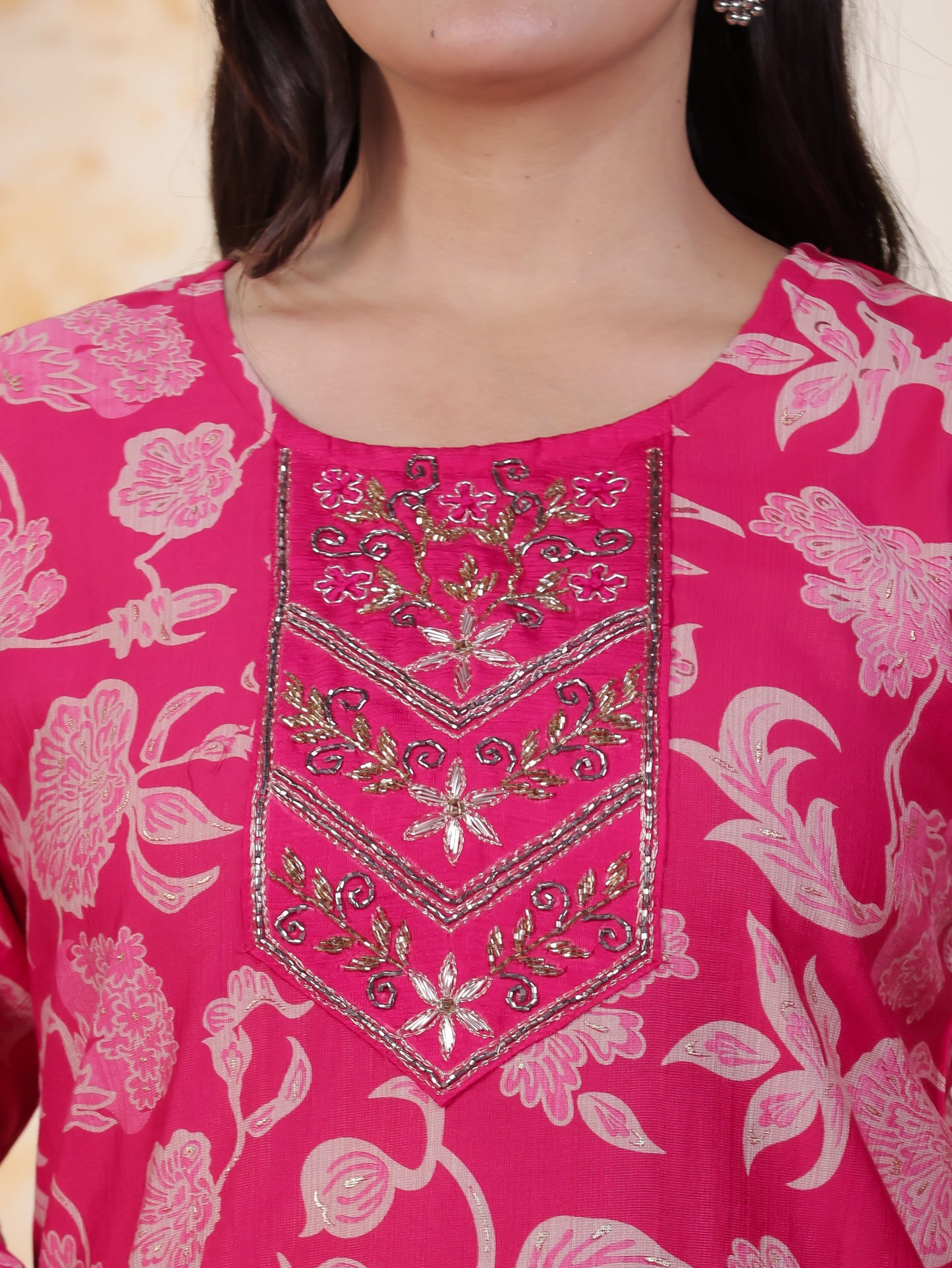 Hand work Pink AOP Poly Silk Straight Kurta
