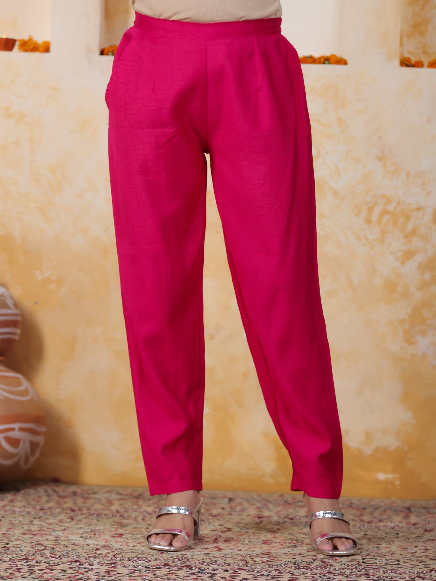 Hand work Pink AOP Poly Silk Straight Kurta