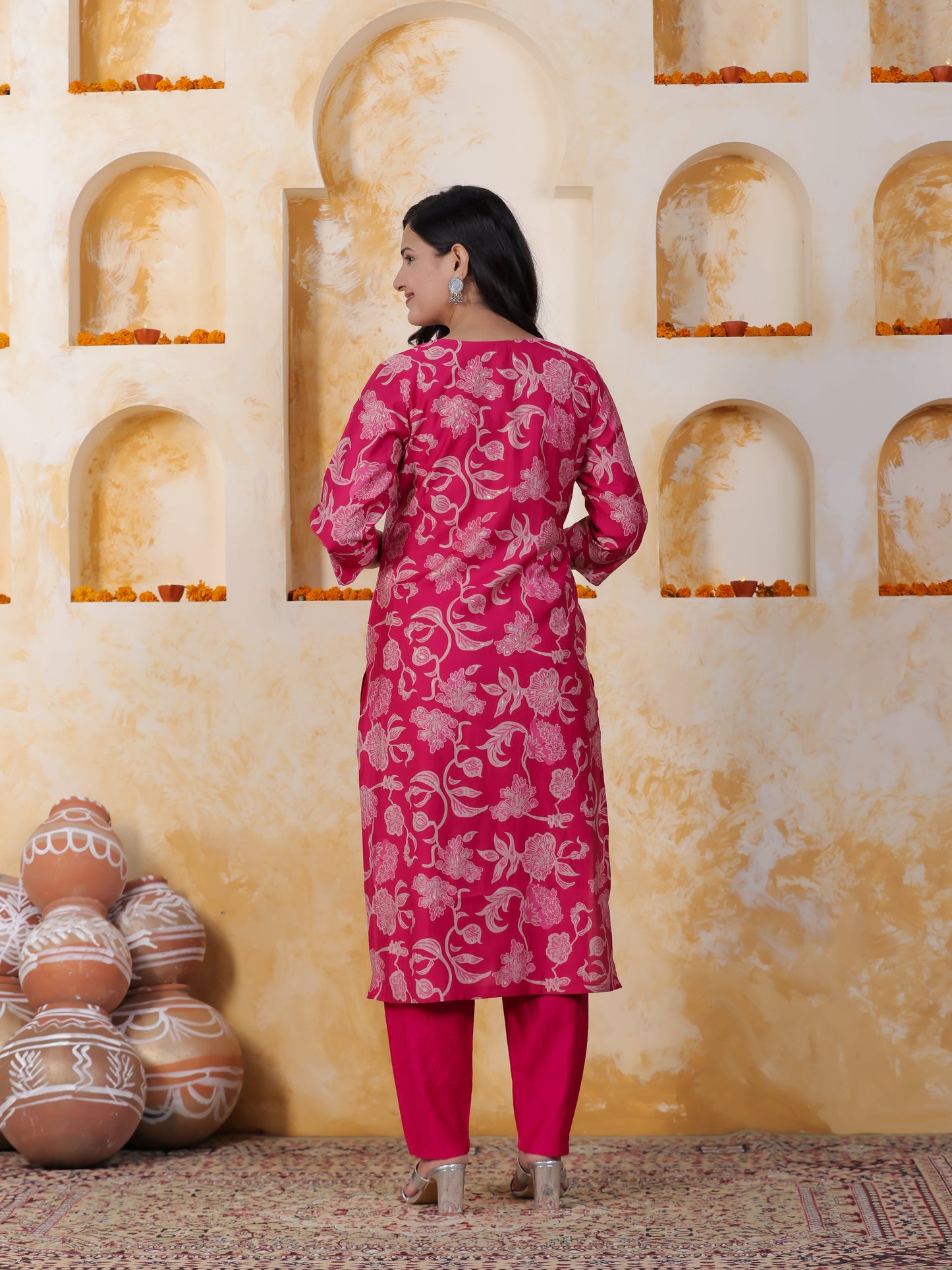 Hand work Pink AOP Poly Silk Straight Kurta