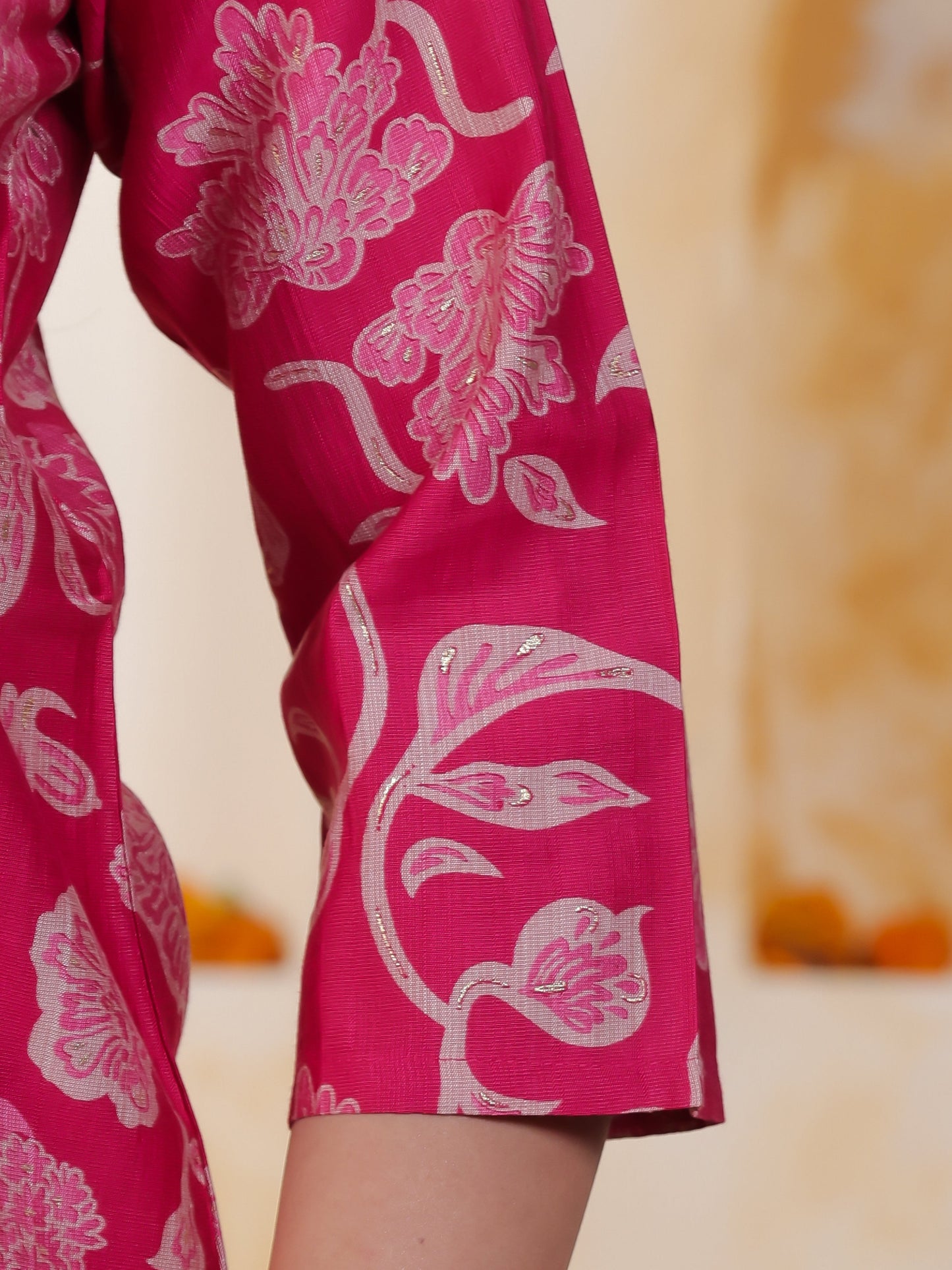 Hand work Pink AOP Poly Silk Straight Kurta