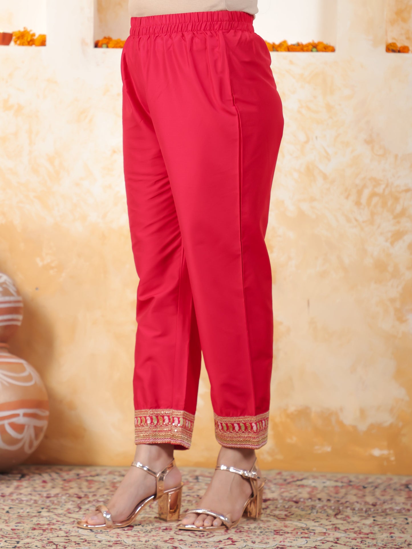 Embroidered Red Solid Roman silk Gathered Kurta