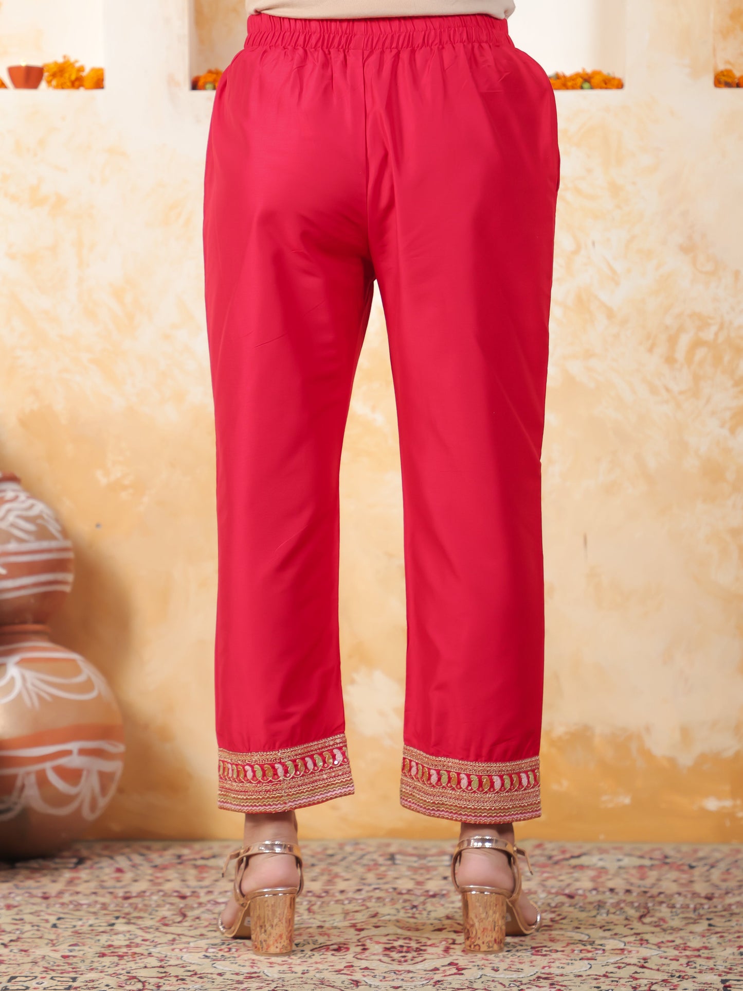 Embroidered Red Solid Roman silk Gathered Kurta