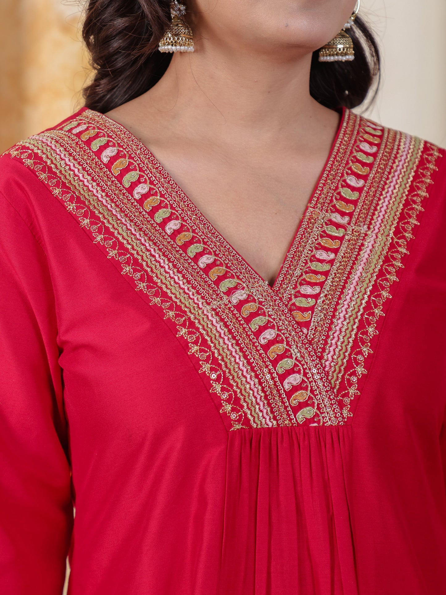 Embroidered Red Solid Roman silk Gathered Kurta