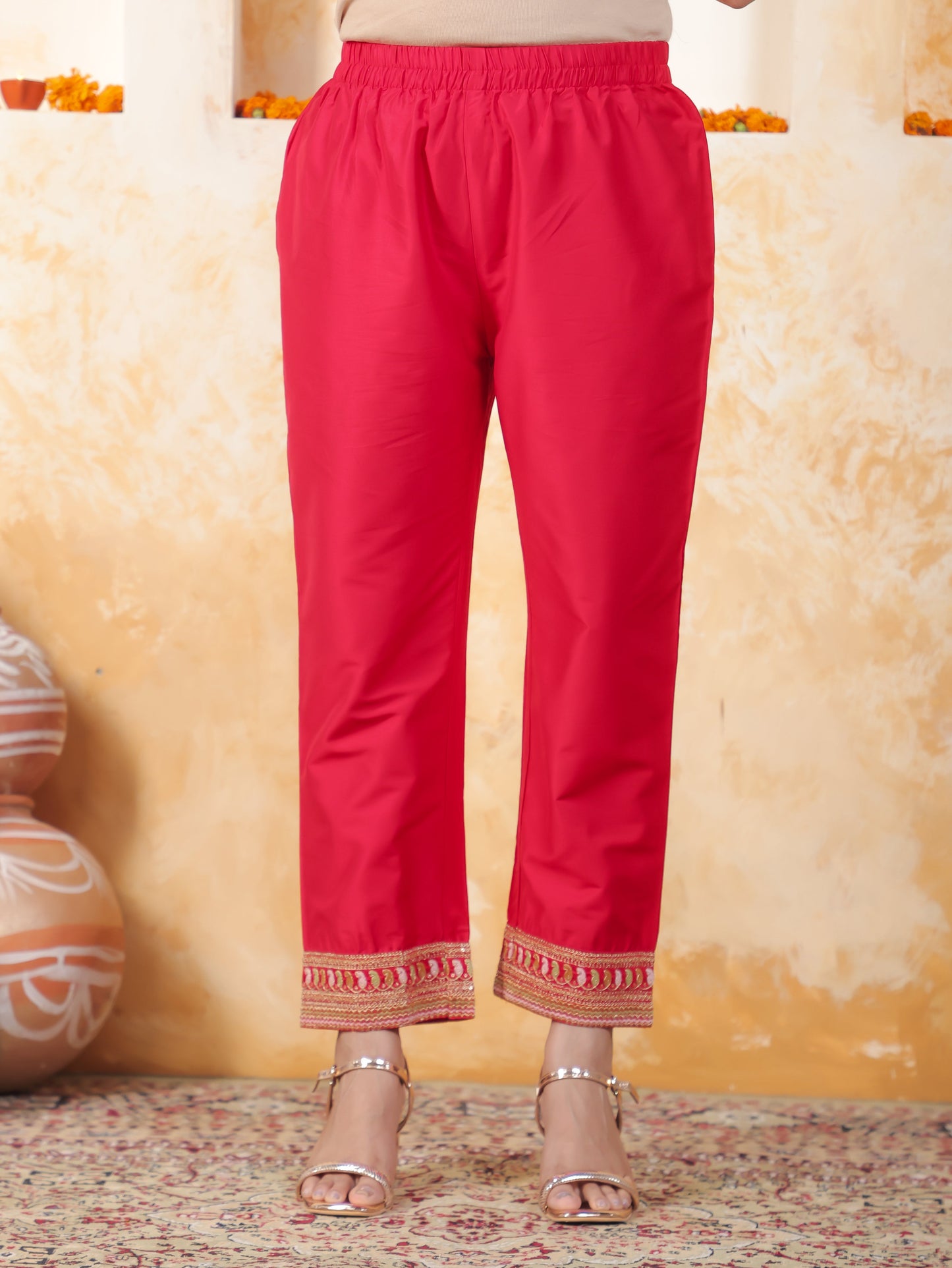 Embroidered Red Solid Roman silk Gathered Kurta