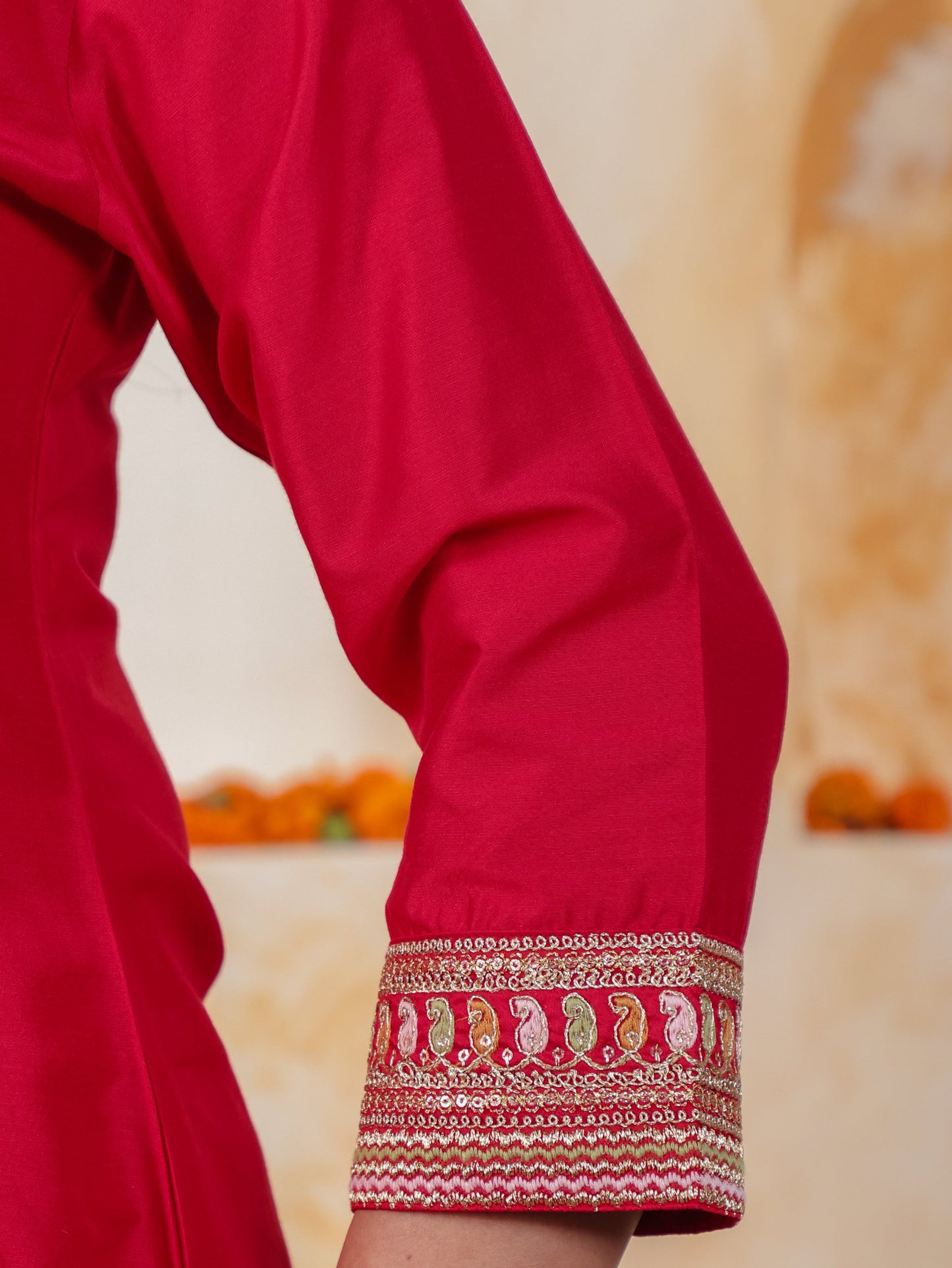 Embroidered Red Solid Roman silk Gathered Kurta