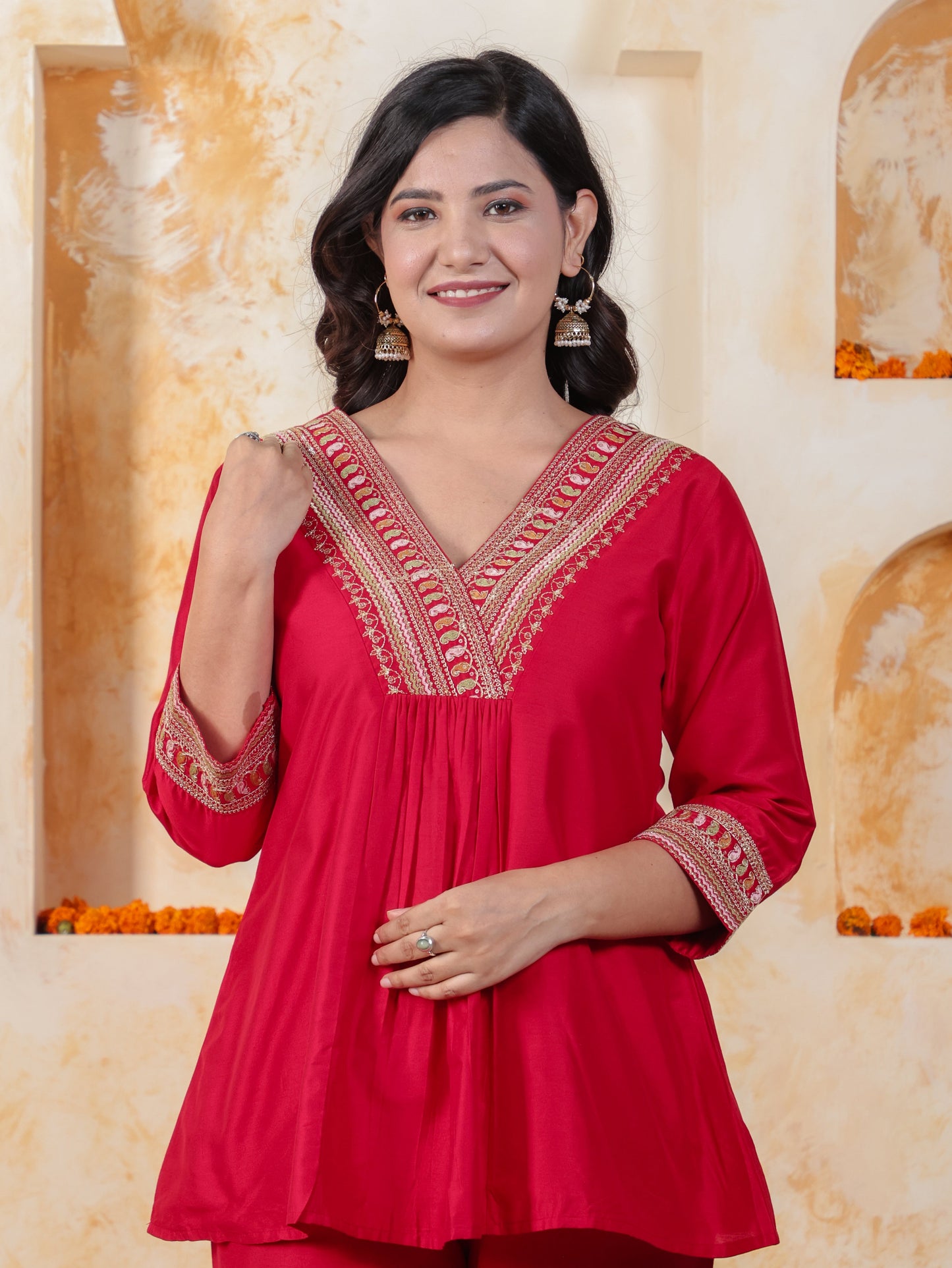 Embroidered Red Solid Roman silk Gathered Kurta