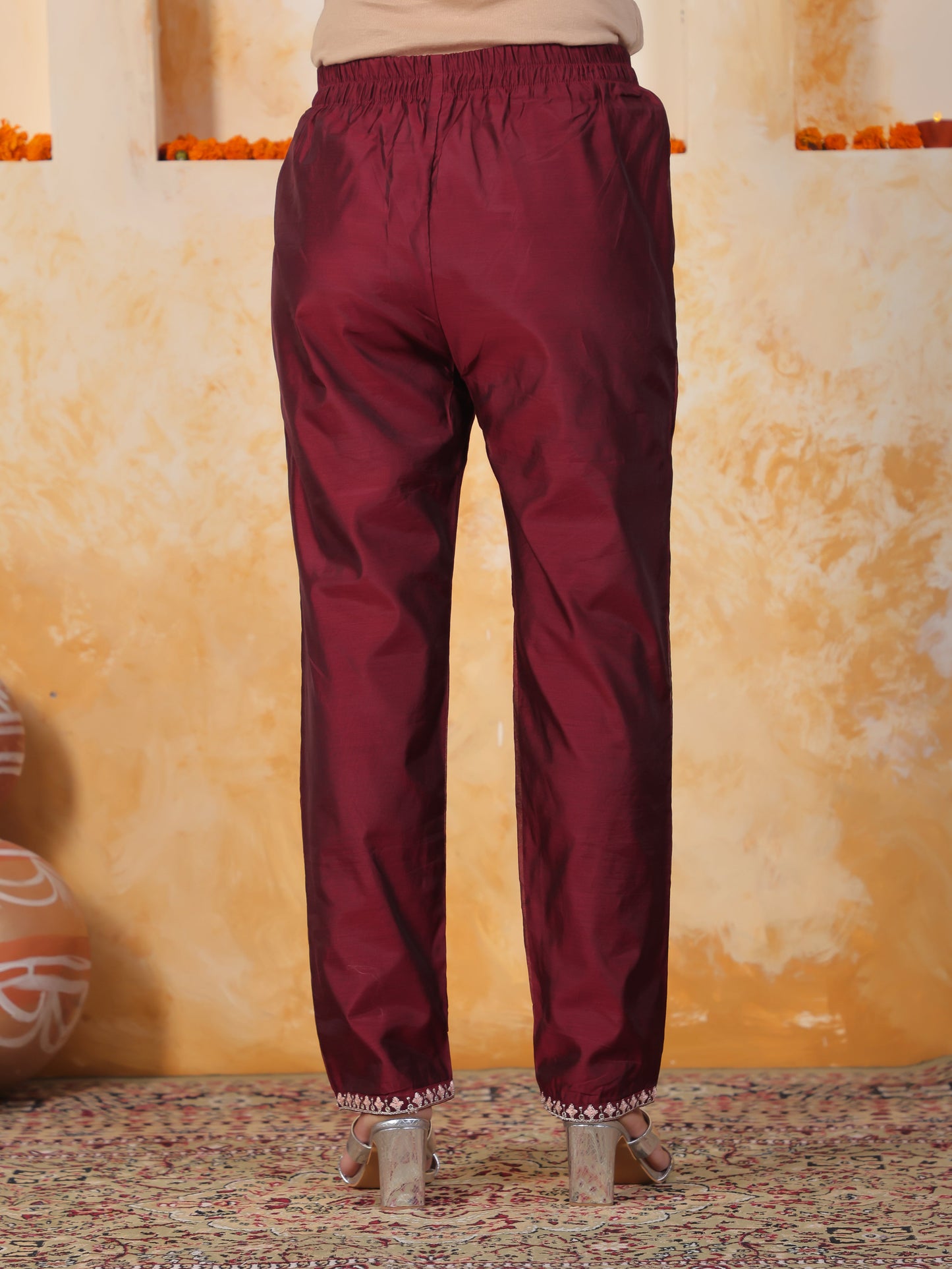 Embroidered Burgundy Chanderi Princess Kurta