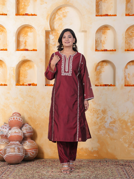 Embroidered Burgundy Chanderi Princess Kurta