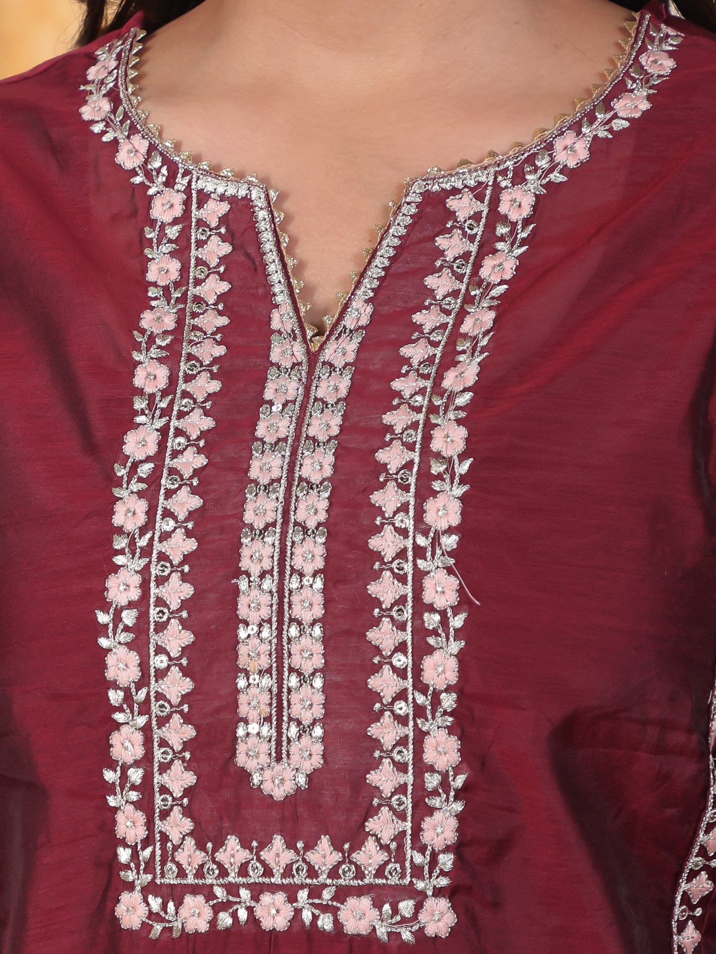 Embroidered Burgundy Chanderi Princess Kurta