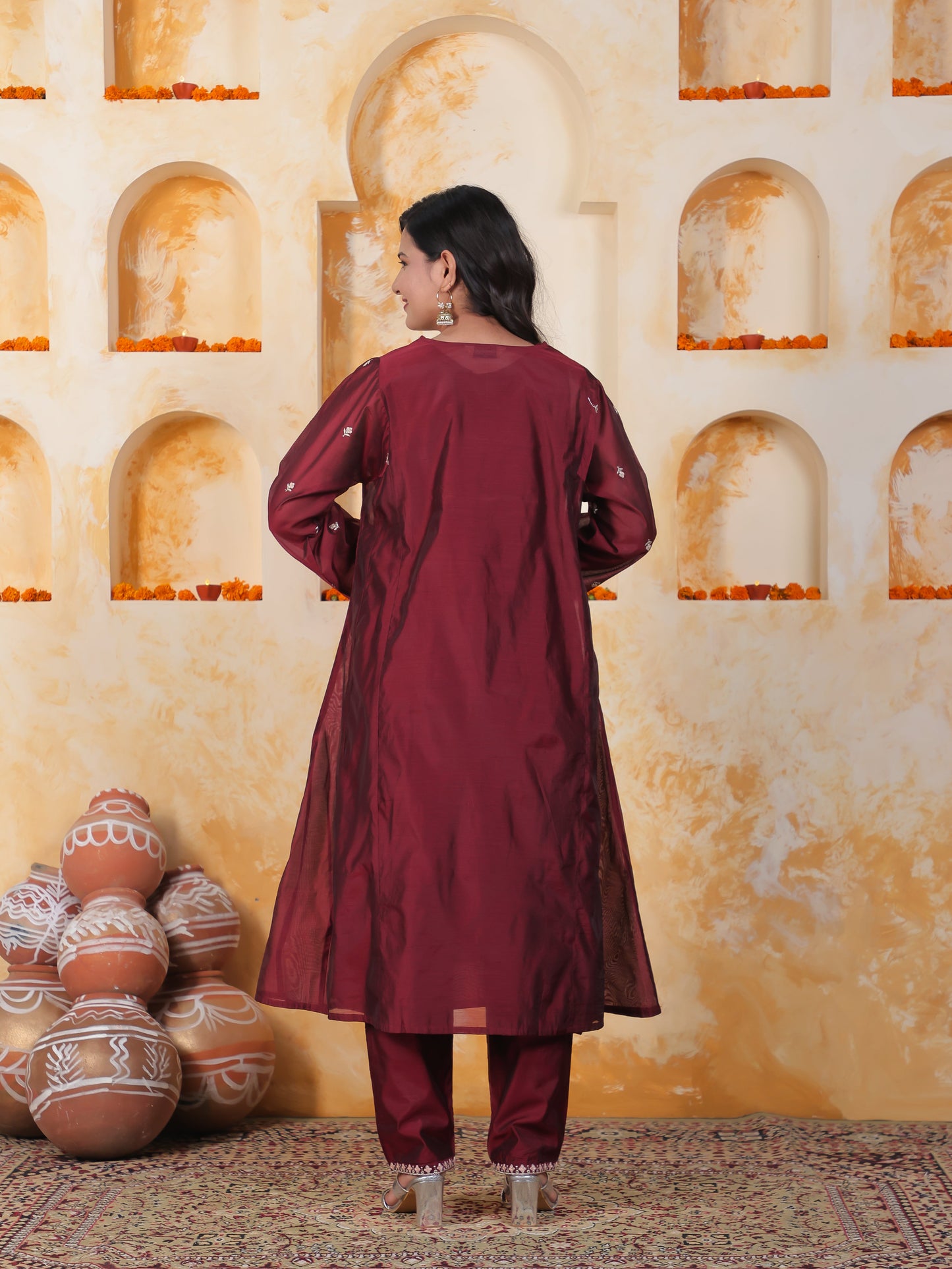 Embroidered Burgundy Chanderi Princess Kurta