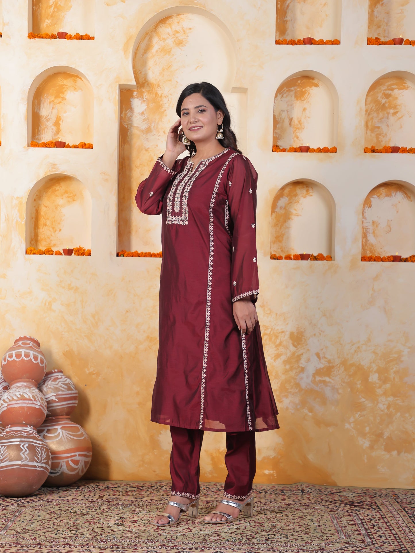 Embroidered Burgundy Chanderi Princess Kurta