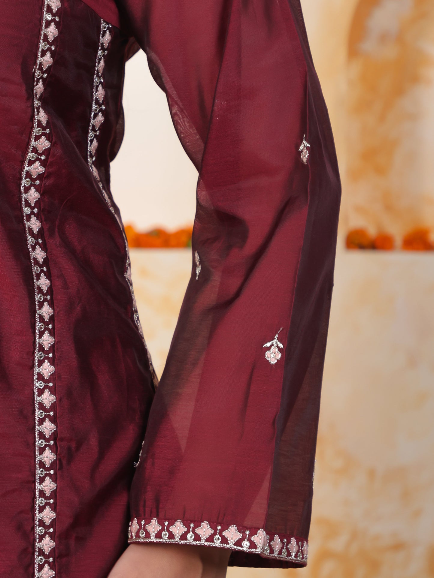 Embroidered Burgundy Chanderi Princess Kurta