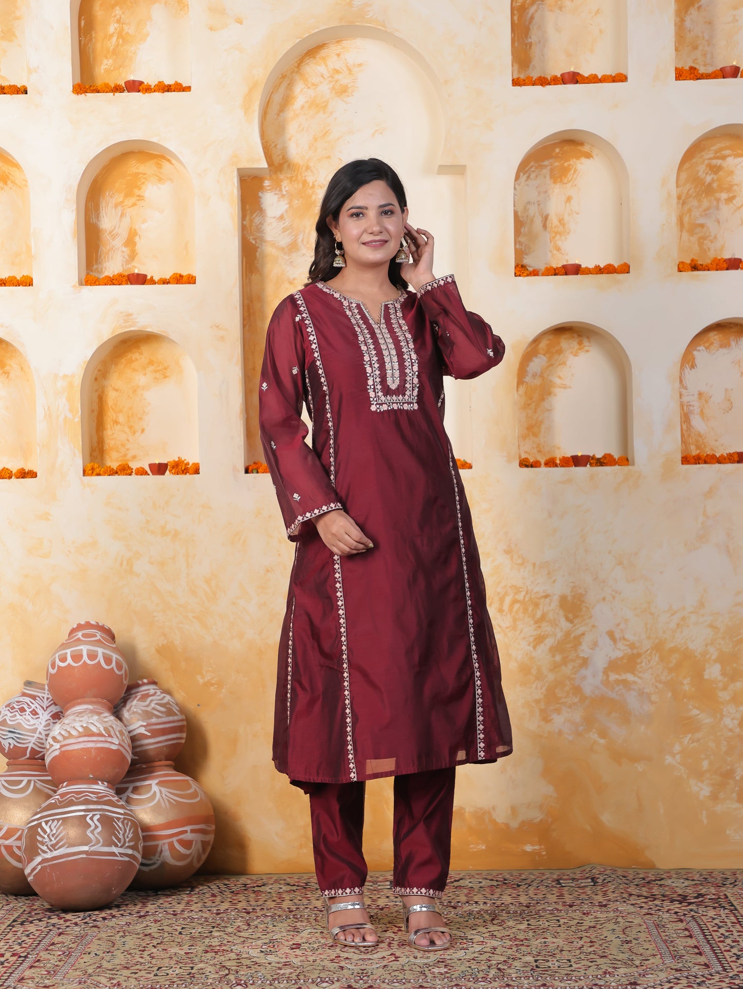 Embroidered Burgundy Chanderi Princess Kurta