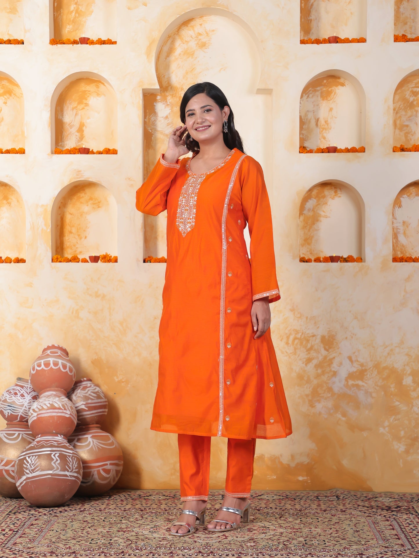 Embroidered Orange Chanderi Princess Kurta