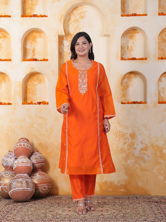 Embroidered Orange Chanderi Princess Kurta