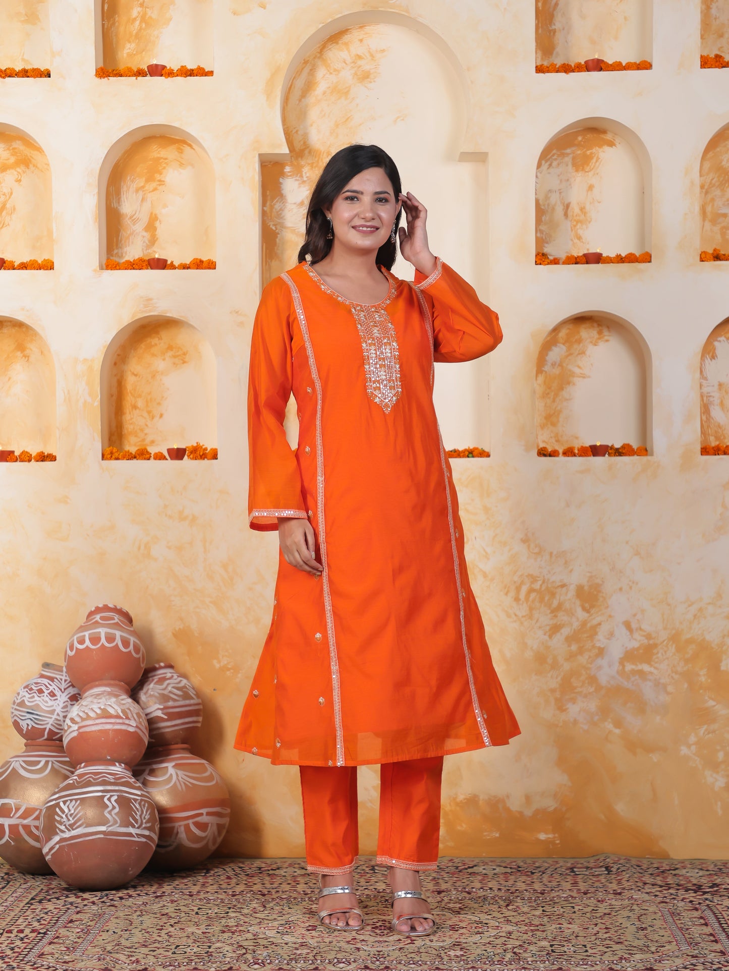 Embroidered Orange Chanderi Princess Kurta