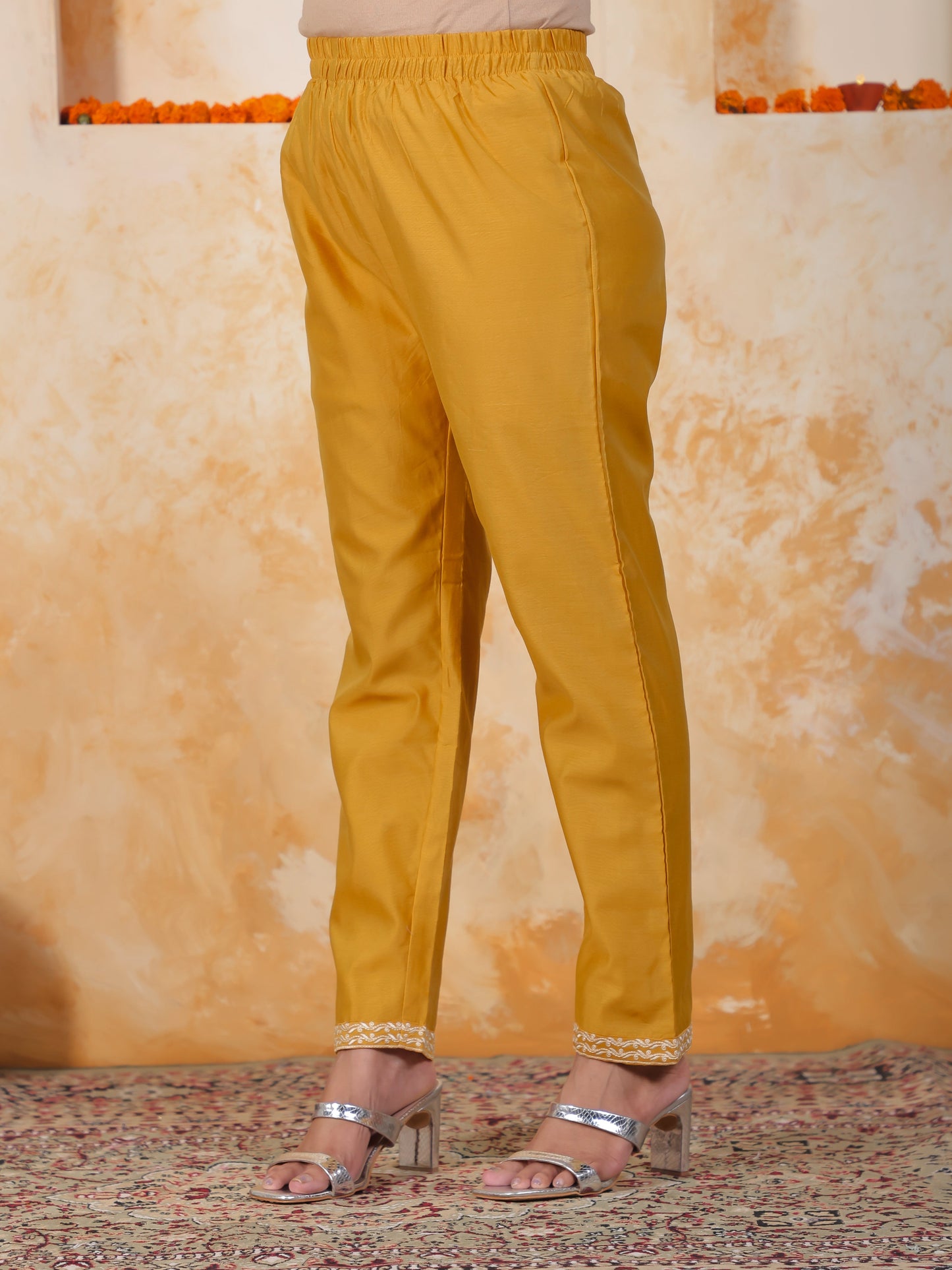 Embroidered Mustard Chanderi Straight Kurta