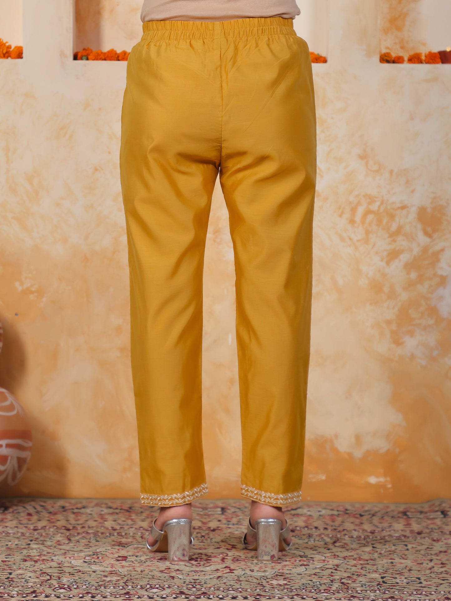 Embroidered Mustard Chanderi Straight Kurta