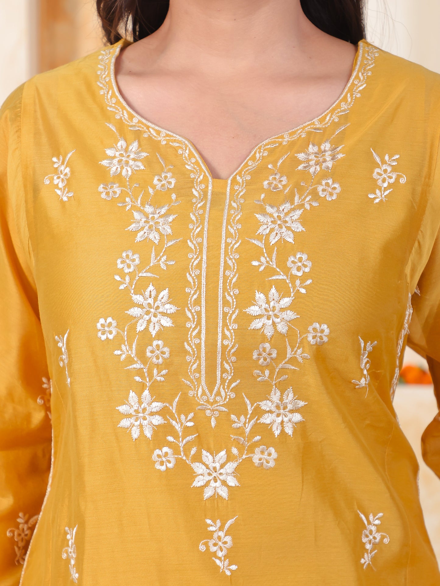 Embroidered Mustard Chanderi Straight Kurta