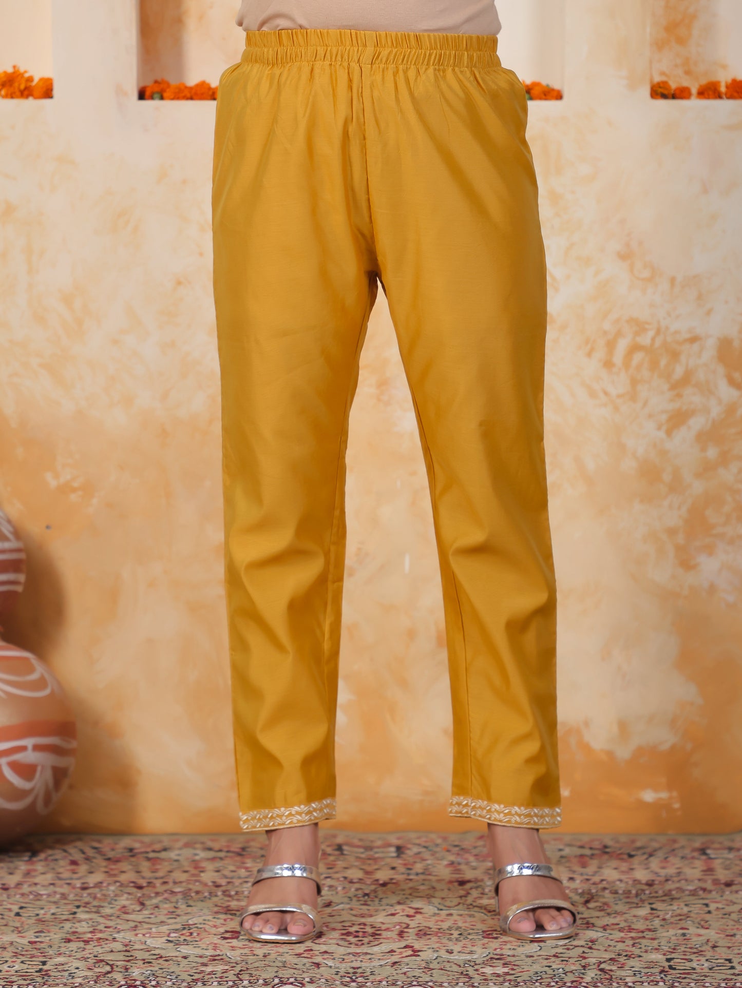 Embroidered Mustard Chanderi Straight Kurta