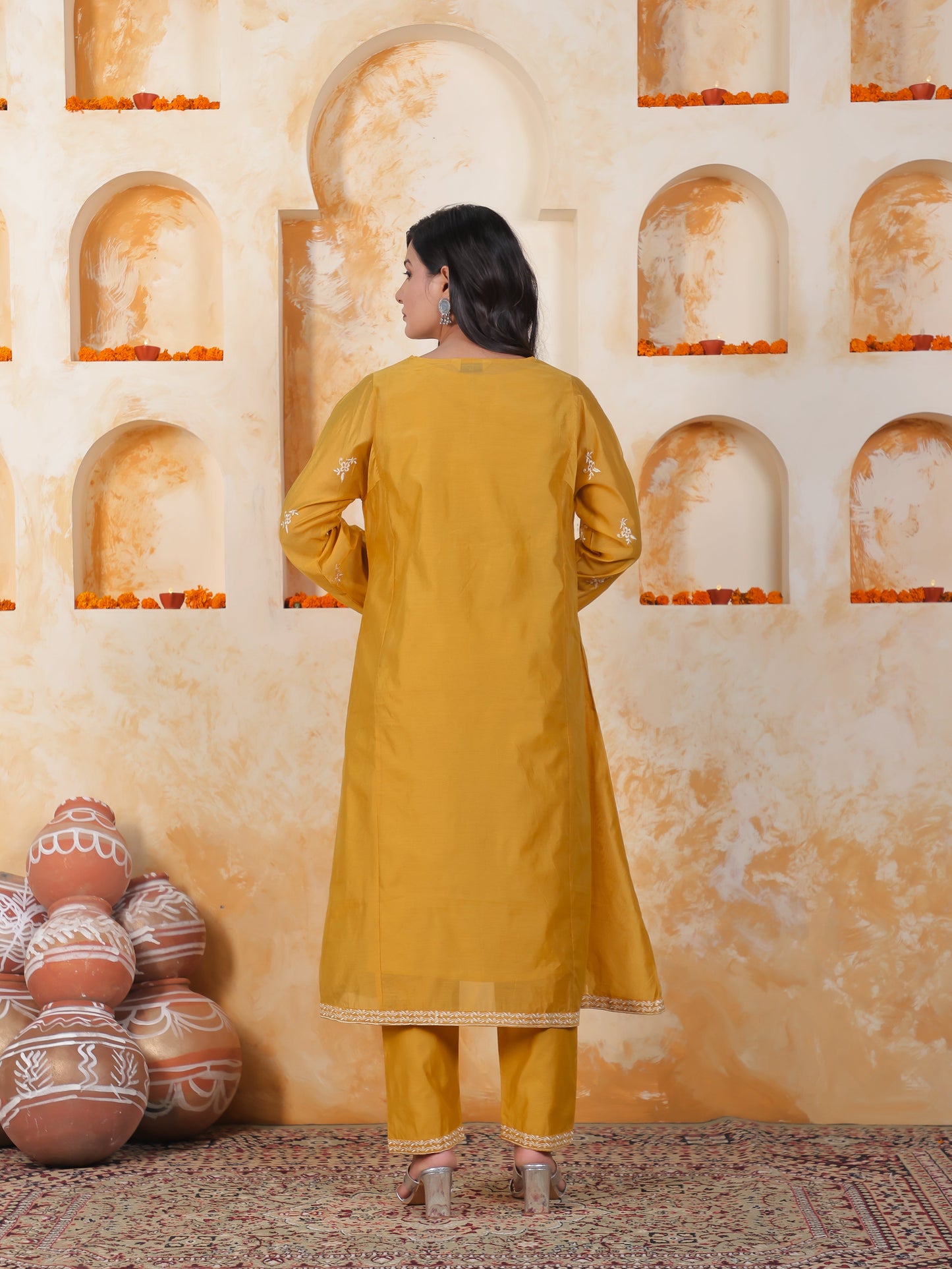 Embroidered Mustard Chanderi Straight Kurta