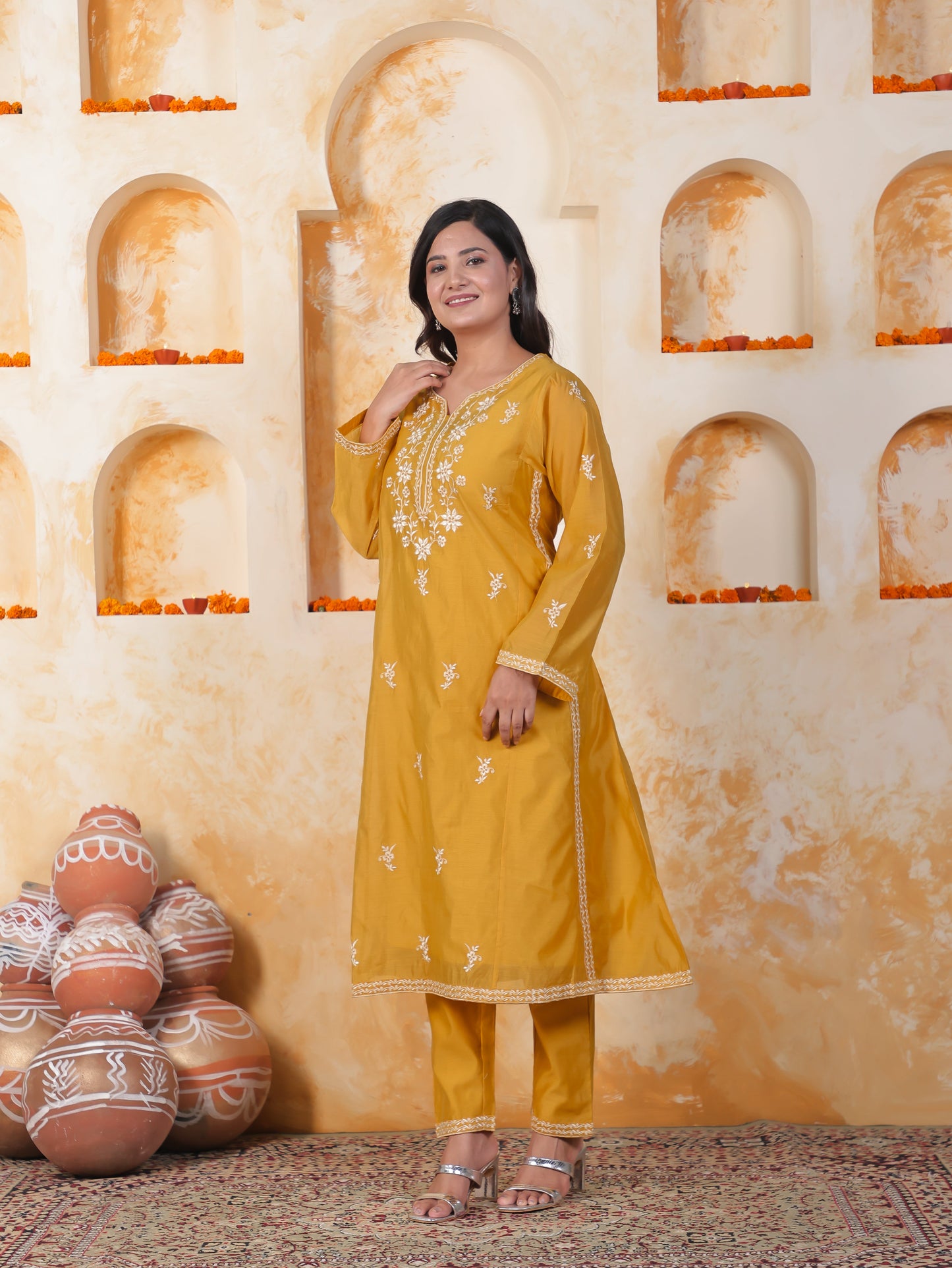 Embroidered Mustard Chanderi Straight Kurta