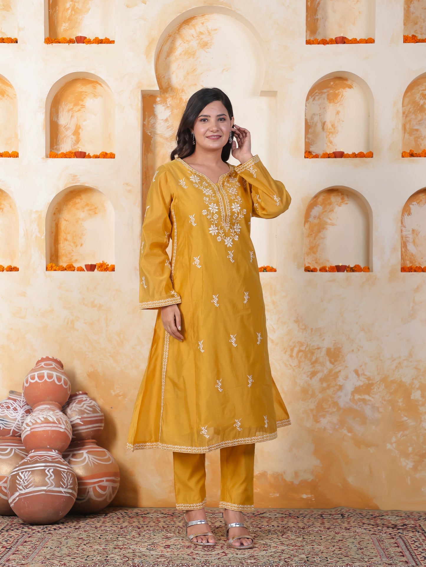 Embroidered Mustard Chanderi Straight Kurta