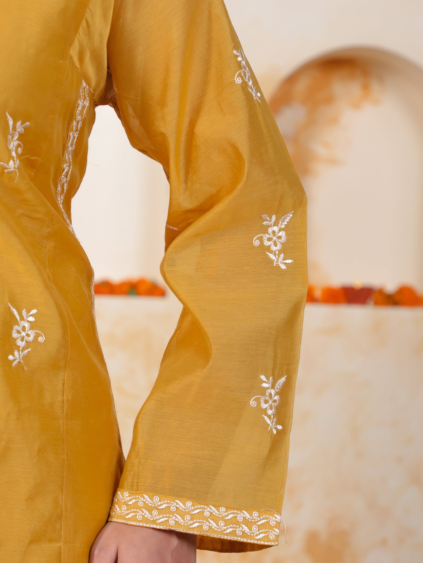 Embroidered Mustard Chanderi Straight Kurta
