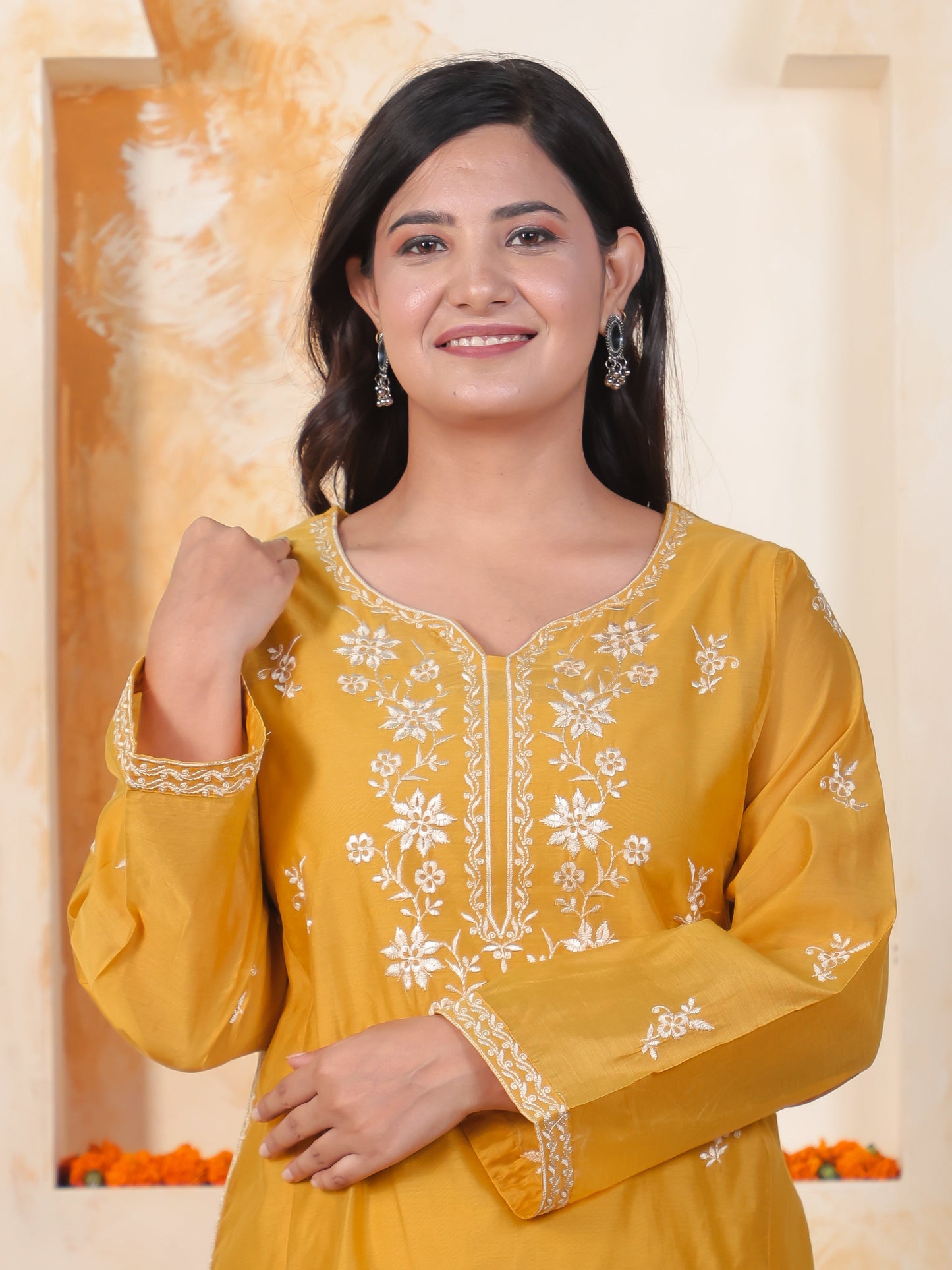 Embroidered Mustard Chanderi Straight Kurta