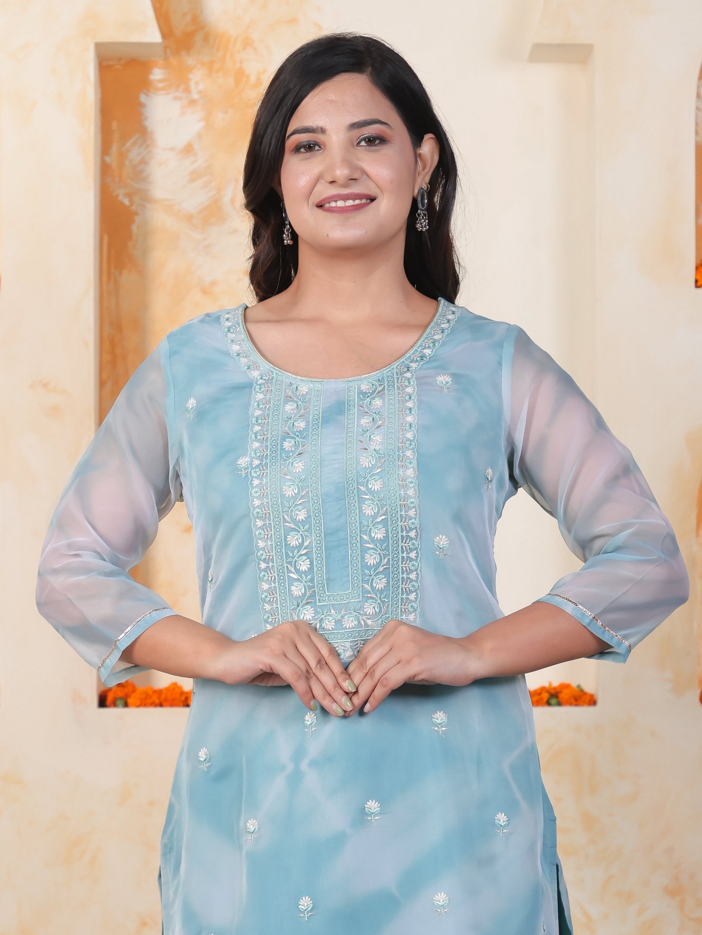 Embroidered Sea Blue Organza Straight Kurta