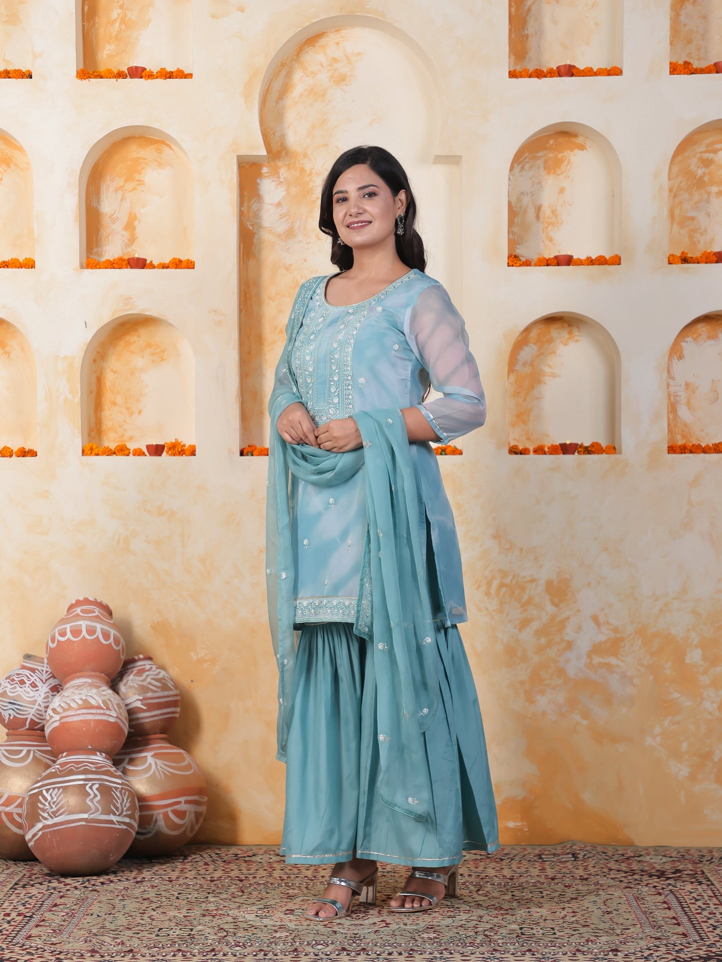 Embroidered Sea Blue Organza Straight Kurta