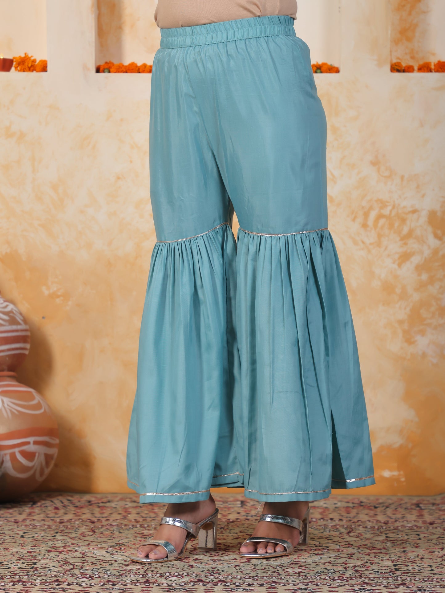 Embroidered Sea Blue Organza Straight Kurta