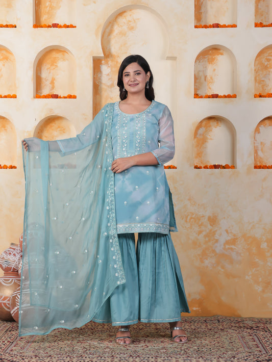 Embroidered Sea Blue Organza Straight Kurta