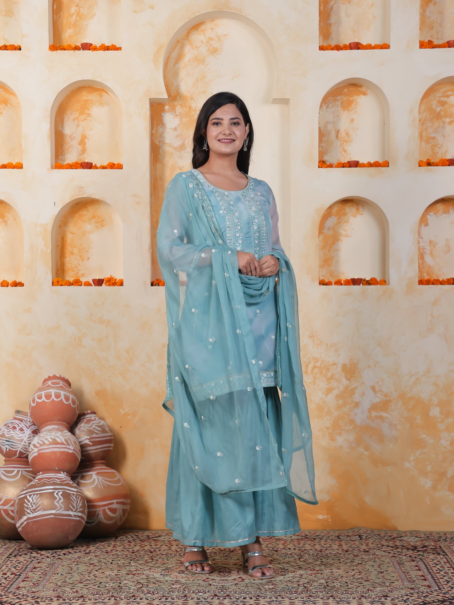 Embroidered Sea Blue Organza Straight Kurta