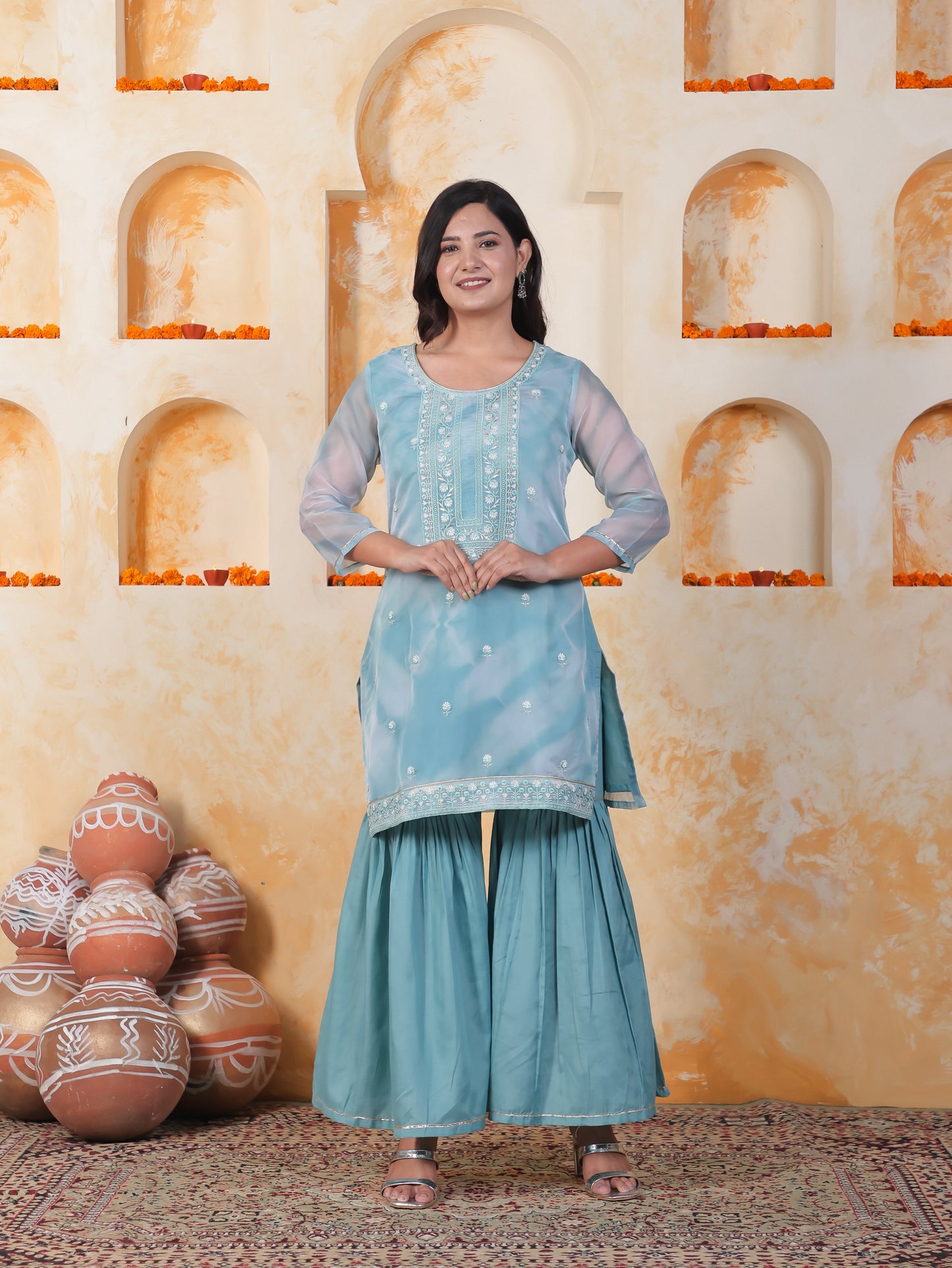 Embroidered Sea Blue Organza Straight Kurta