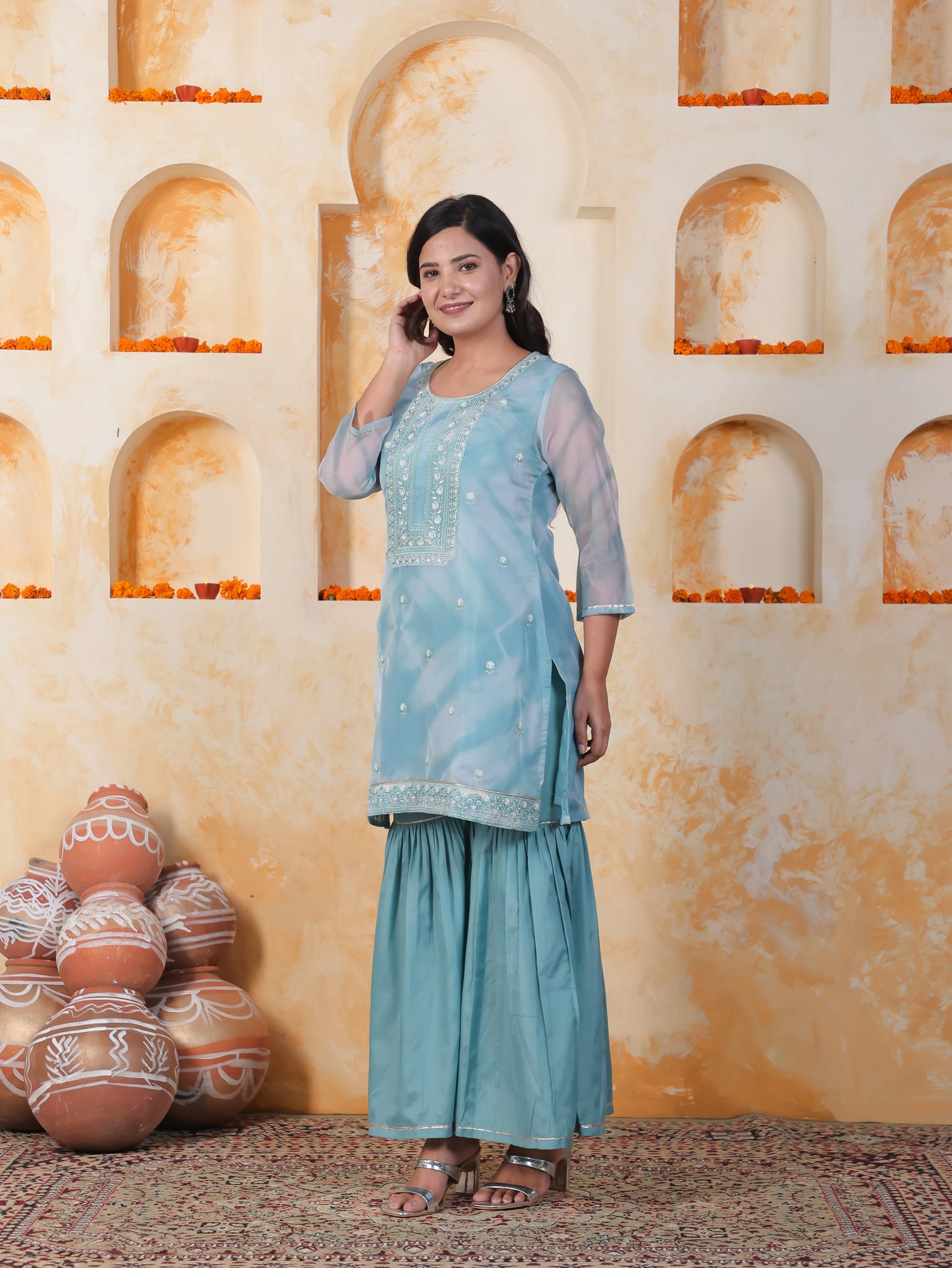 Embroidered Sea Blue Organza Straight Kurta