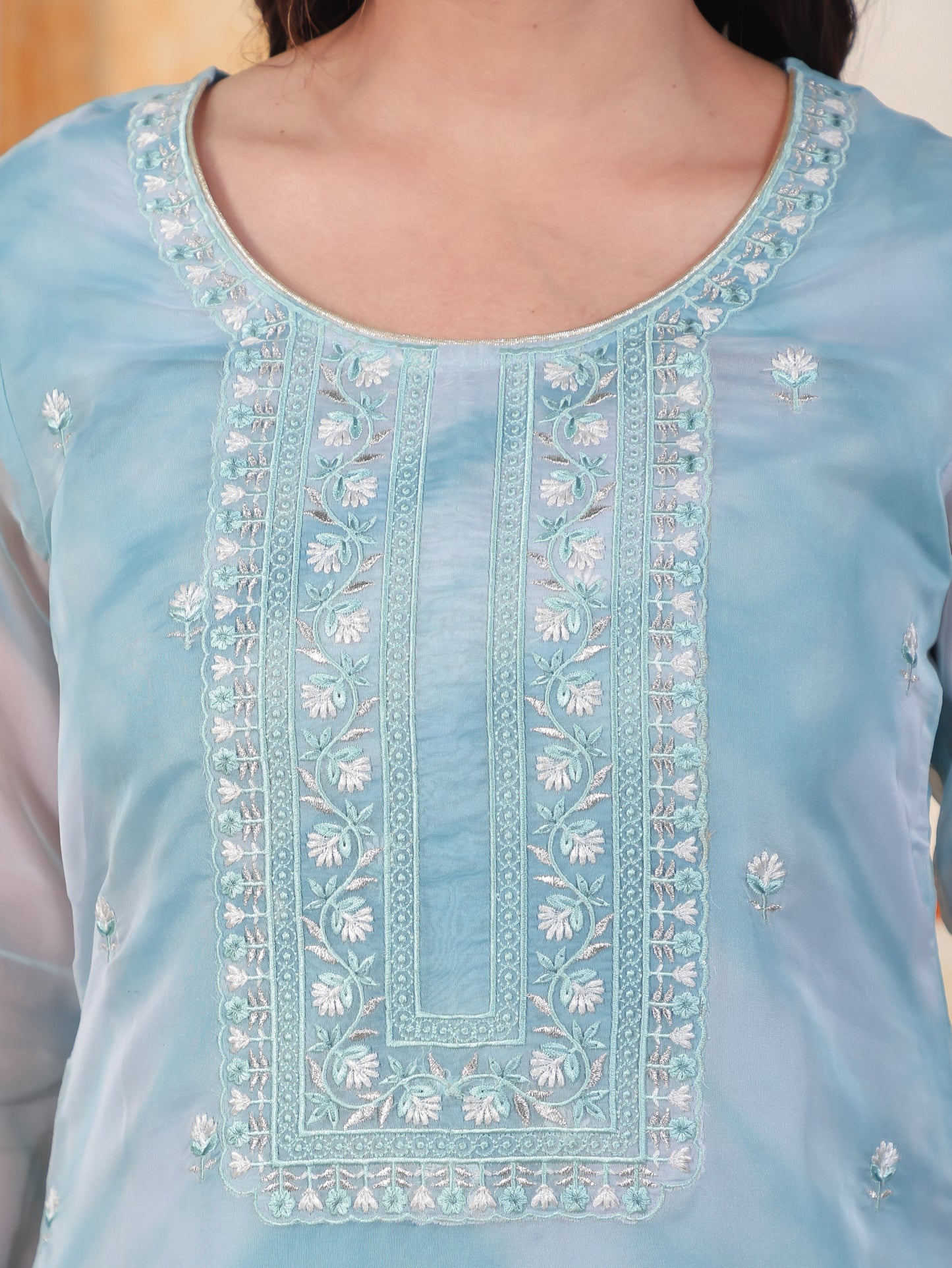 Embroidered Sea Blue Organza Straight Kurta
