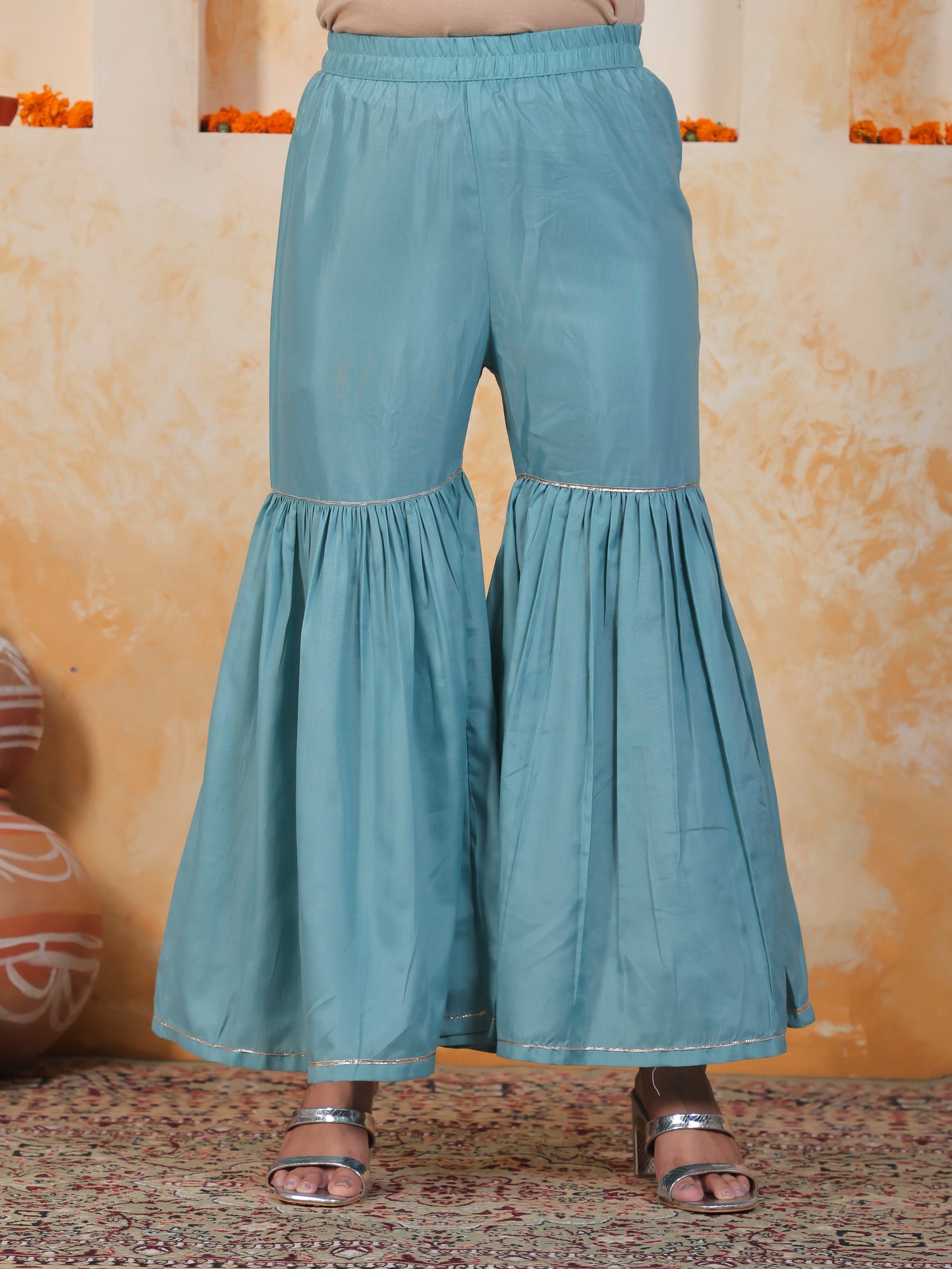 Embroidered Sea Blue Organza Straight Kurta