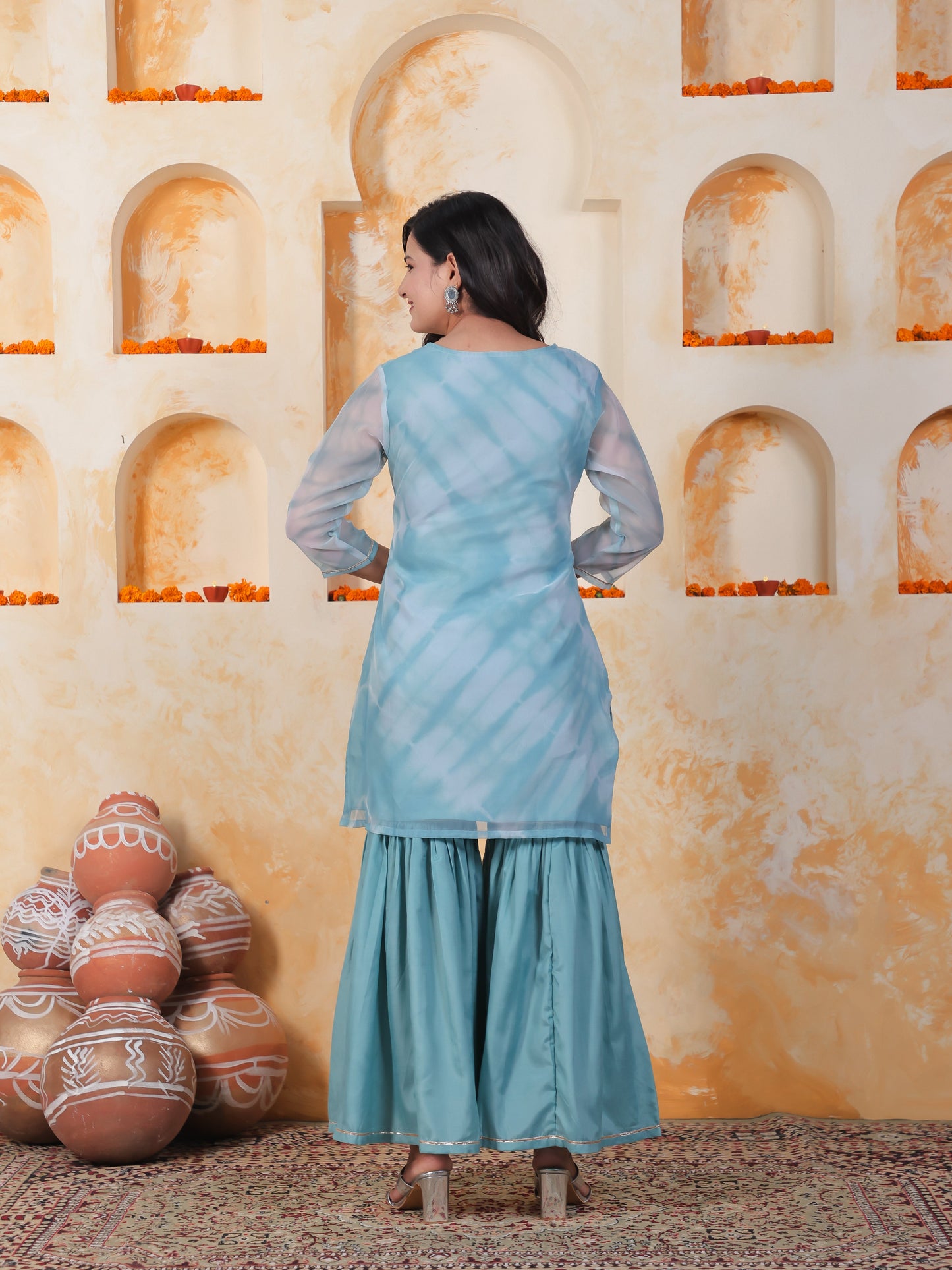 Embroidered Sea Blue Organza Straight Kurta
