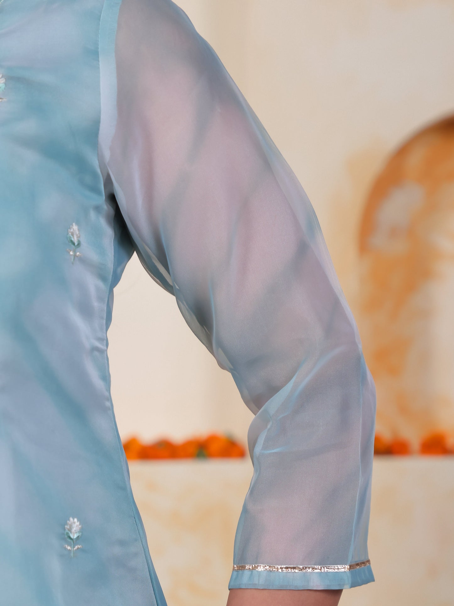 Embroidered Sea Blue Organza Straight Kurta