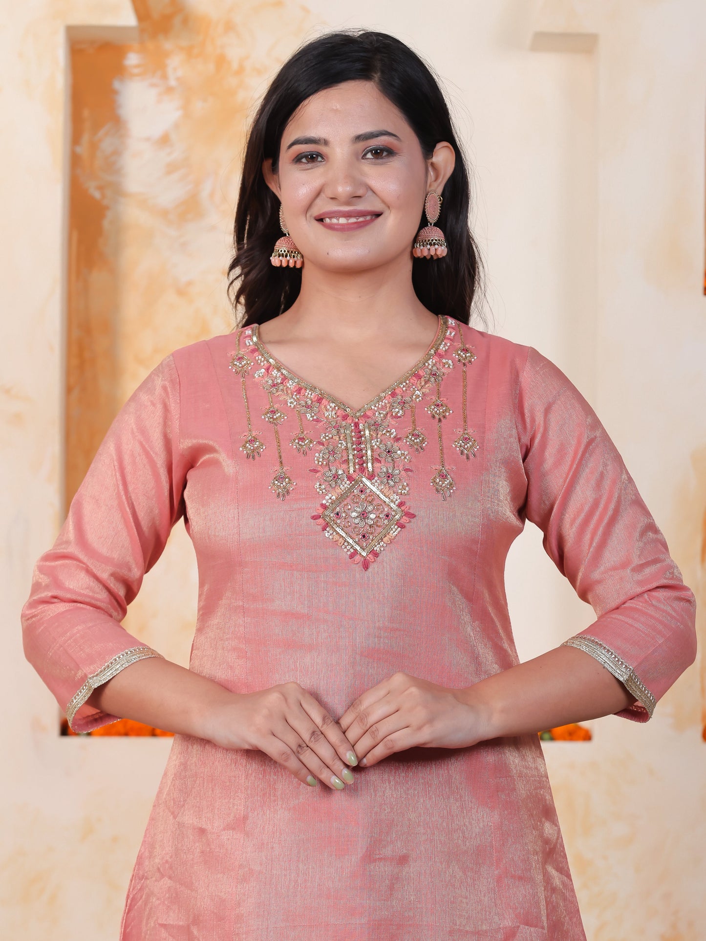 Hand work Pink PV Shimmer A-line Kurta