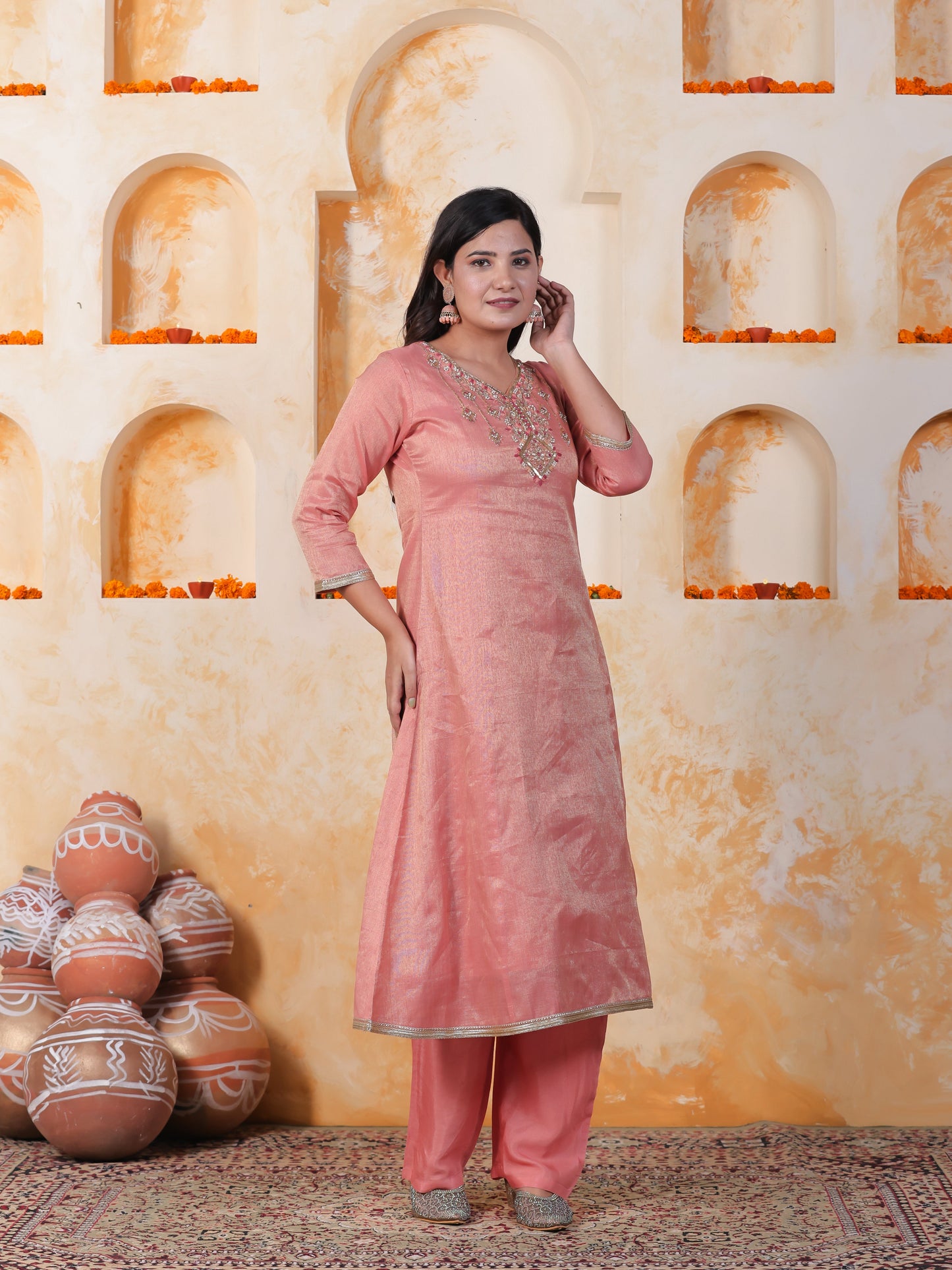 Hand work Pink PV Shimmer A-line Kurta