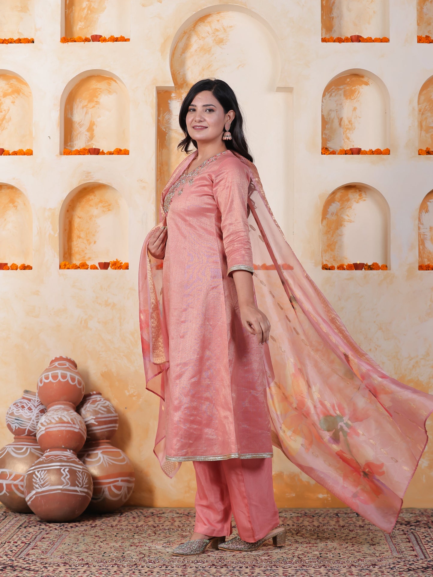 Hand work Pink PV Shimmer A-line Kurta