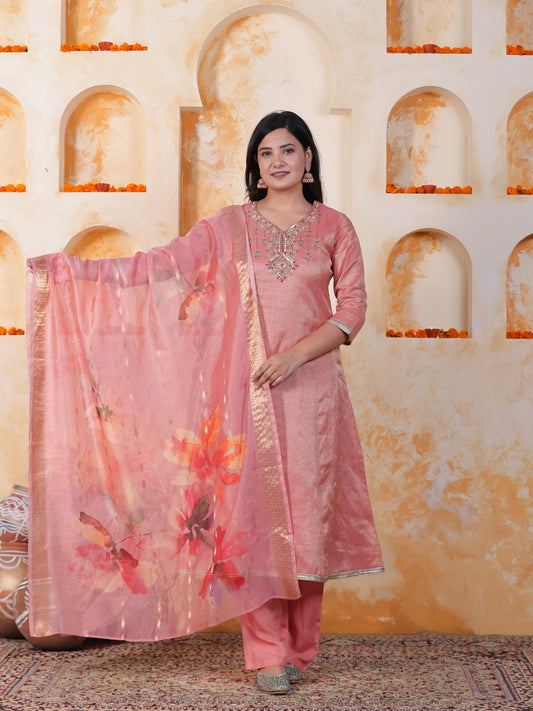Hand work Pink PV Shimmer A-line Kurta