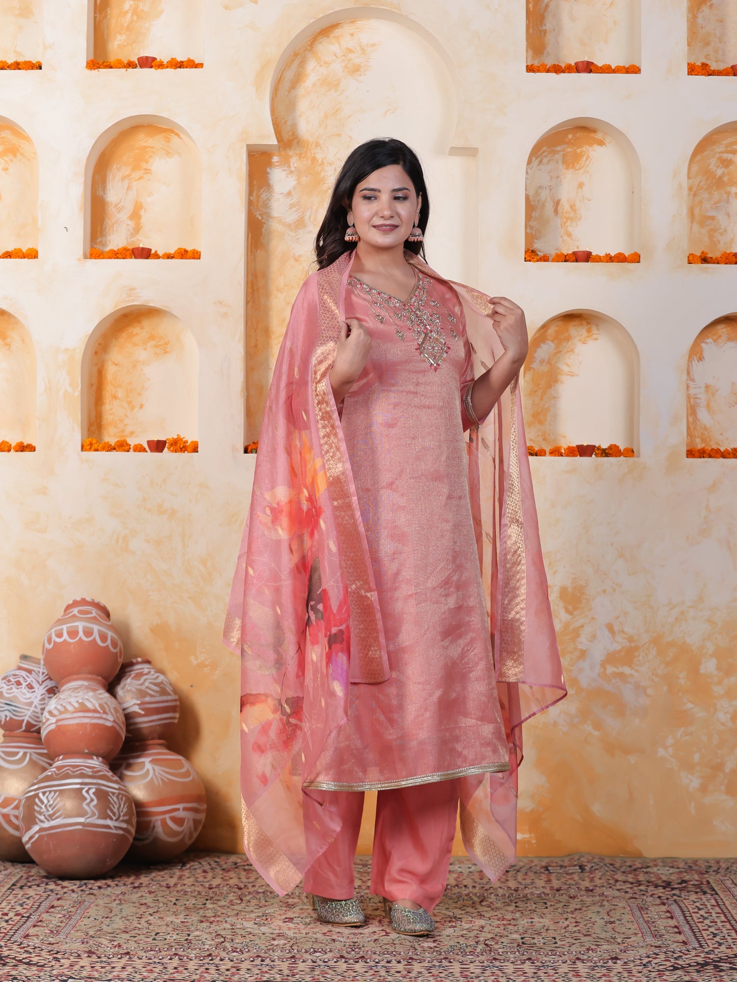 Hand work Pink PV Shimmer A-line Kurta