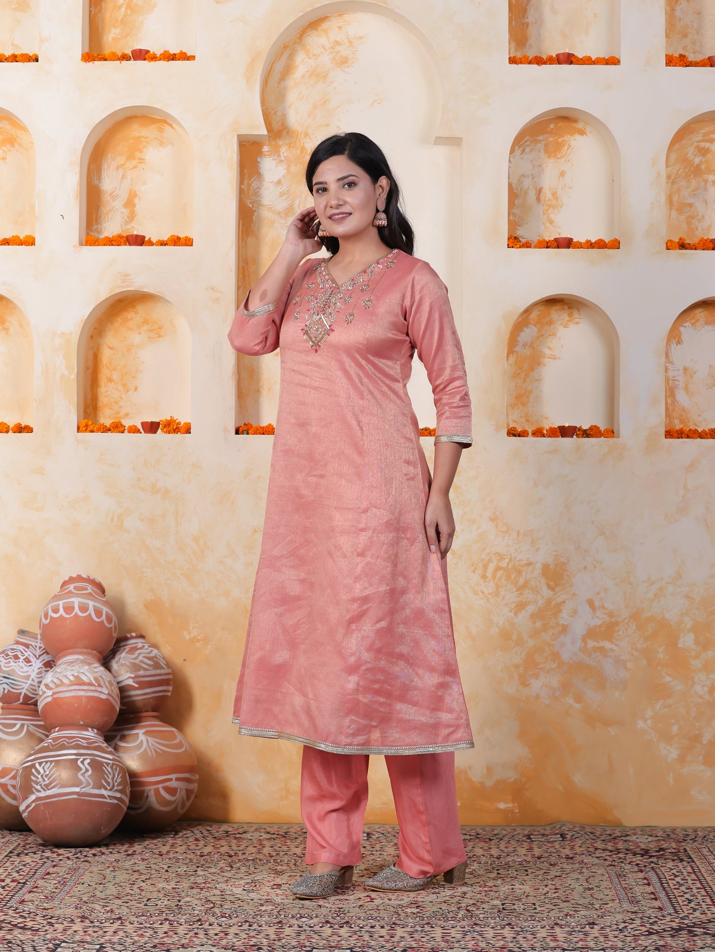 Hand work Pink PV Shimmer A-line Kurta