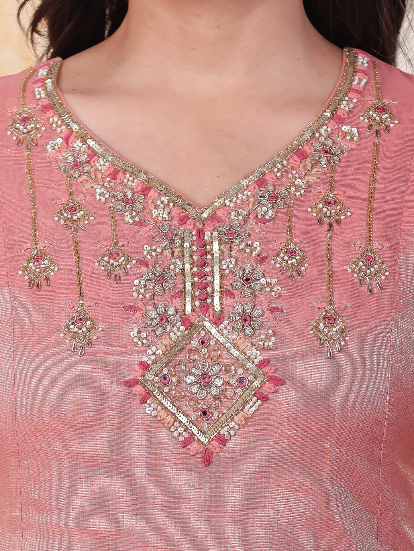 Hand work Pink PV Shimmer A-line Kurta