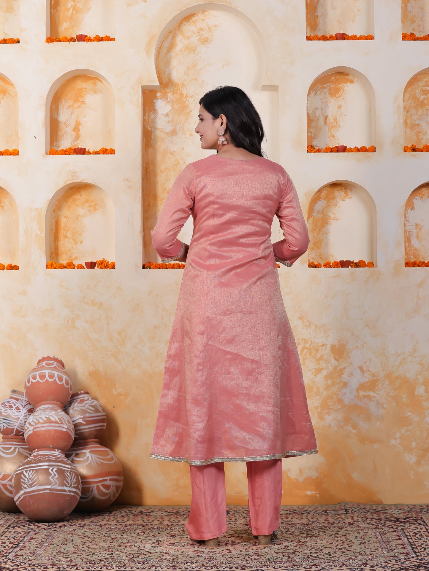 Hand work Pink PV Shimmer A-line Kurta