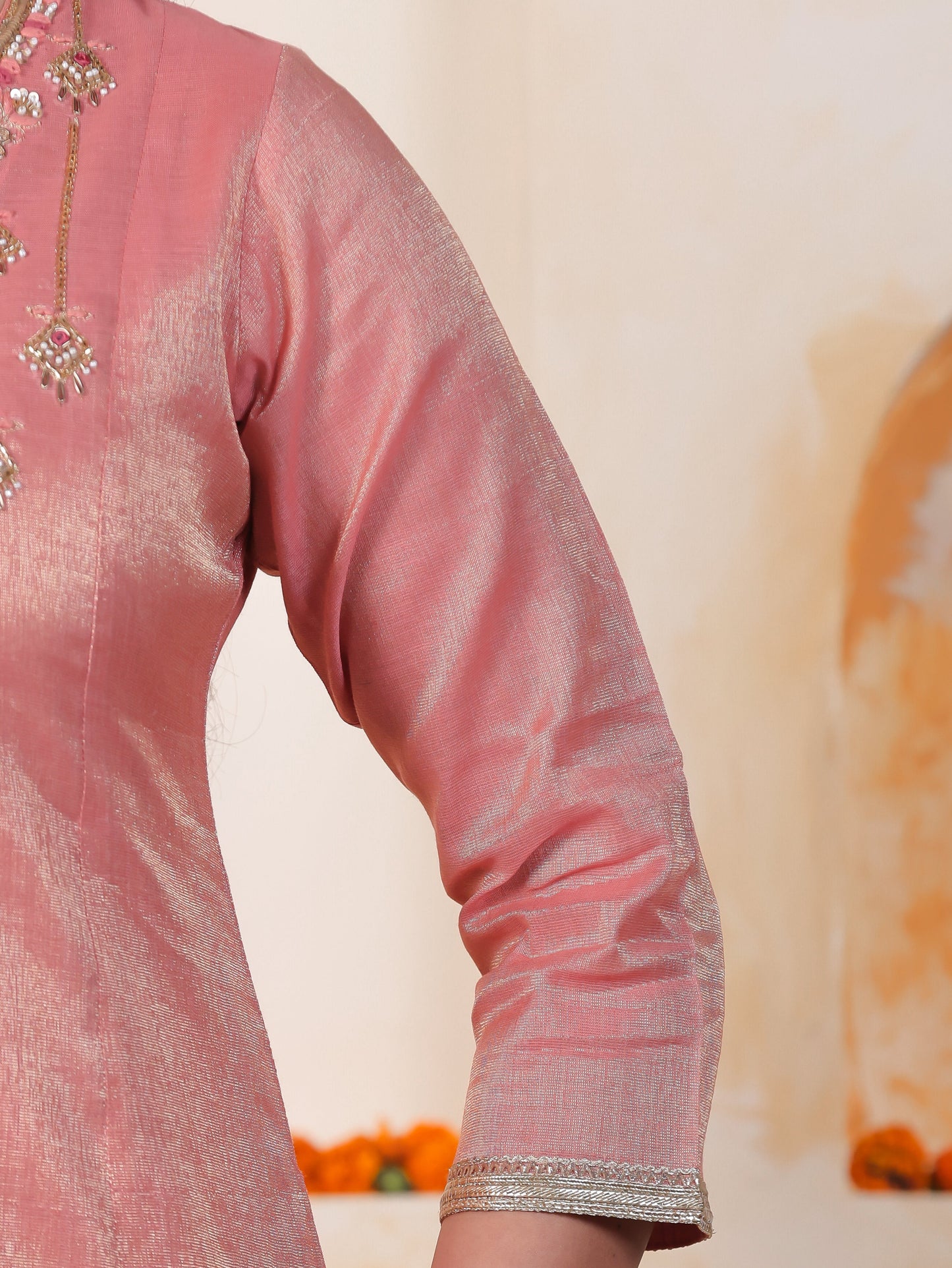 Hand work Pink PV Shimmer A-line Kurta