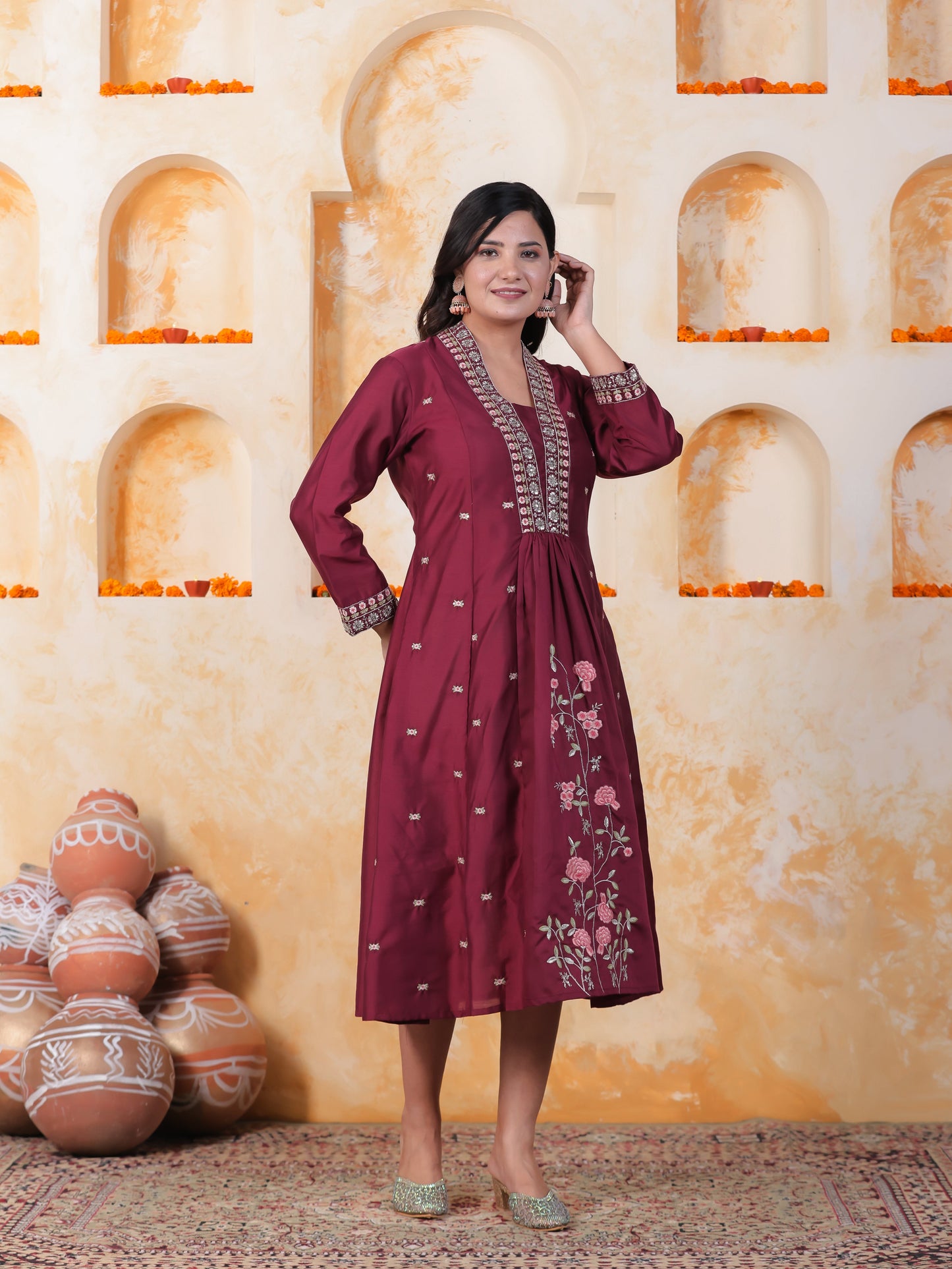 Embroidered Burgundy Roman silk Gathered Kurta